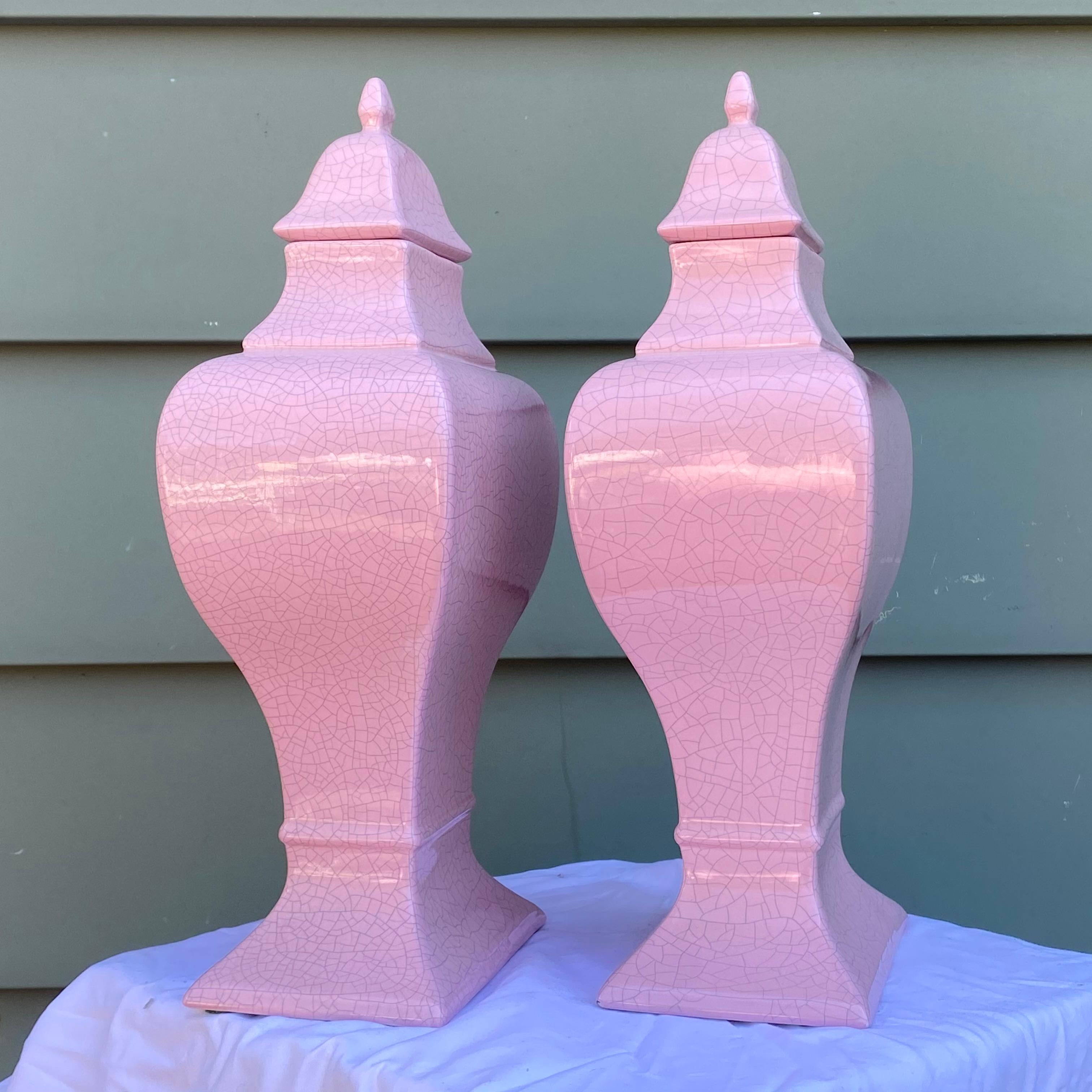 Pair 1980's Modern Jaru Pink Crackle Lidded Ceramic Jars 6