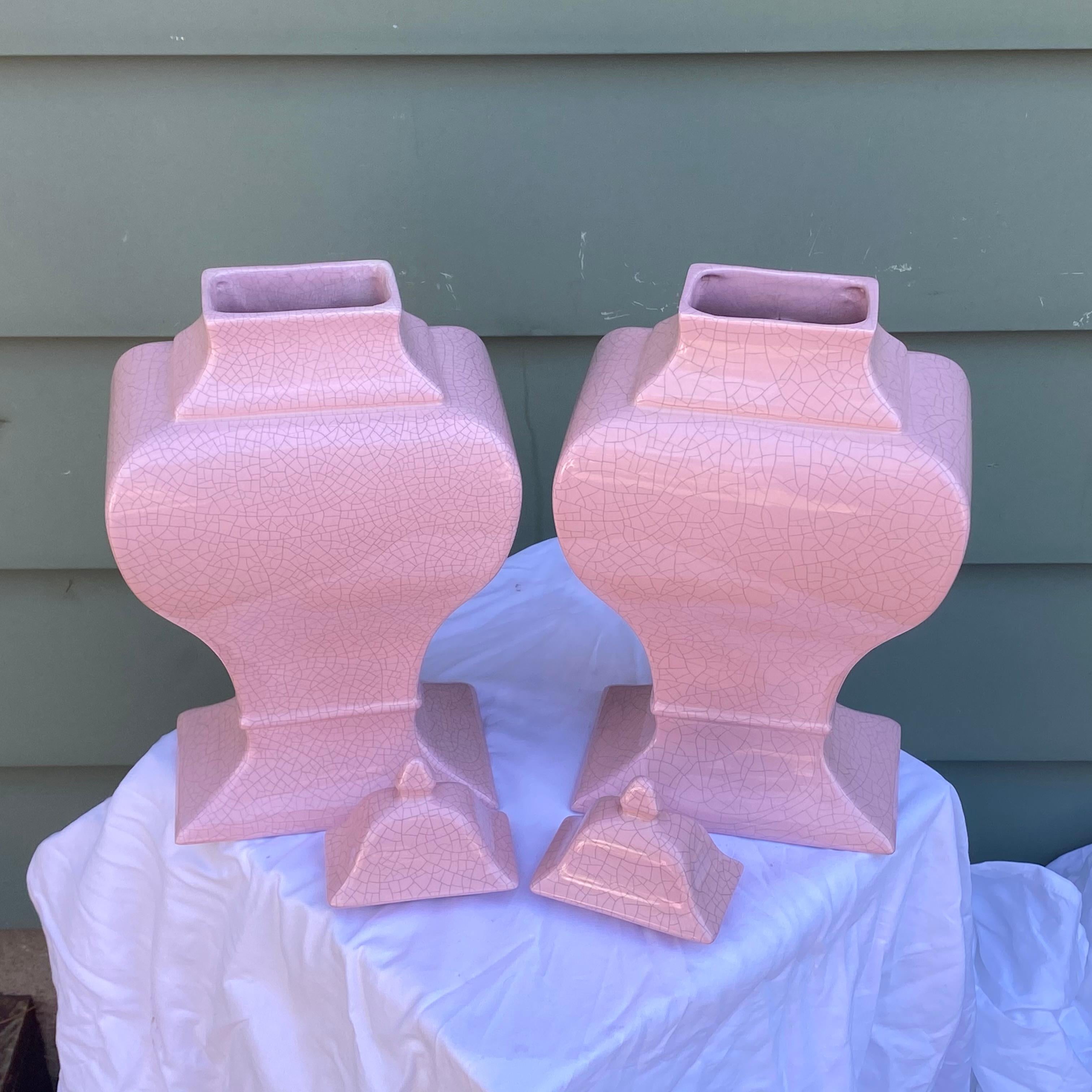 Pair 1980's Modern Jaru Pink Crackle Lidded Ceramic Jars In Good Condition In West Chester, PA
