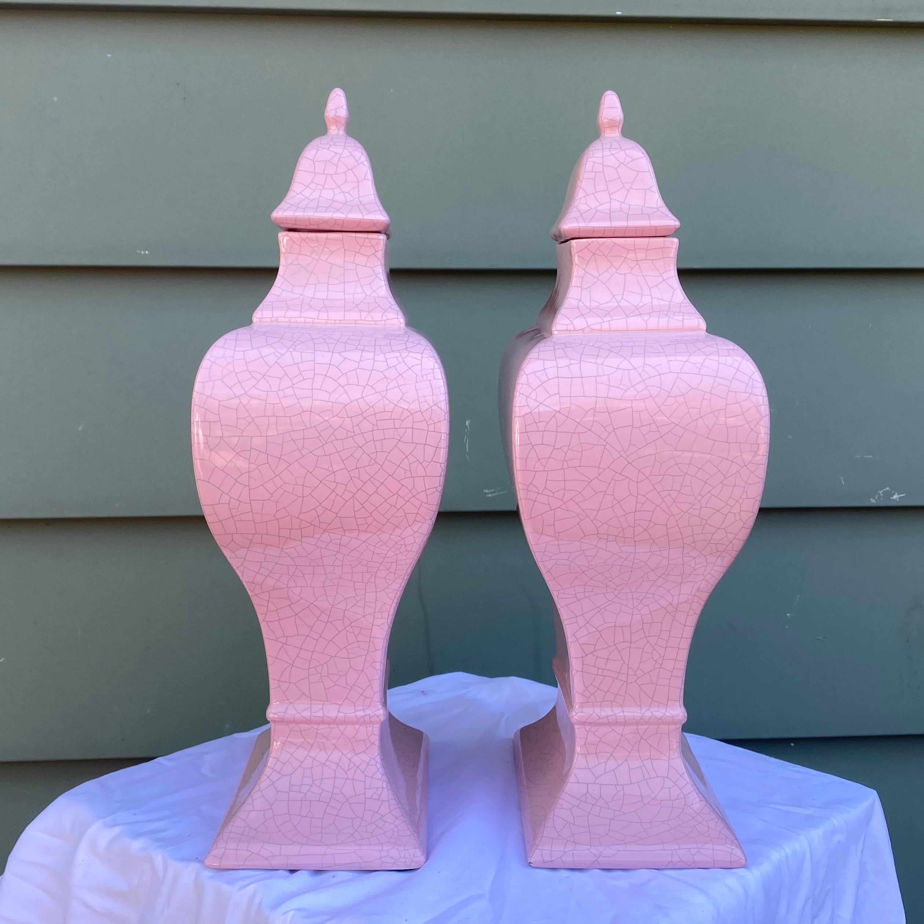Pair 1980's Modern Jaru Pink Crackle Lidded Ceramic Jars 3