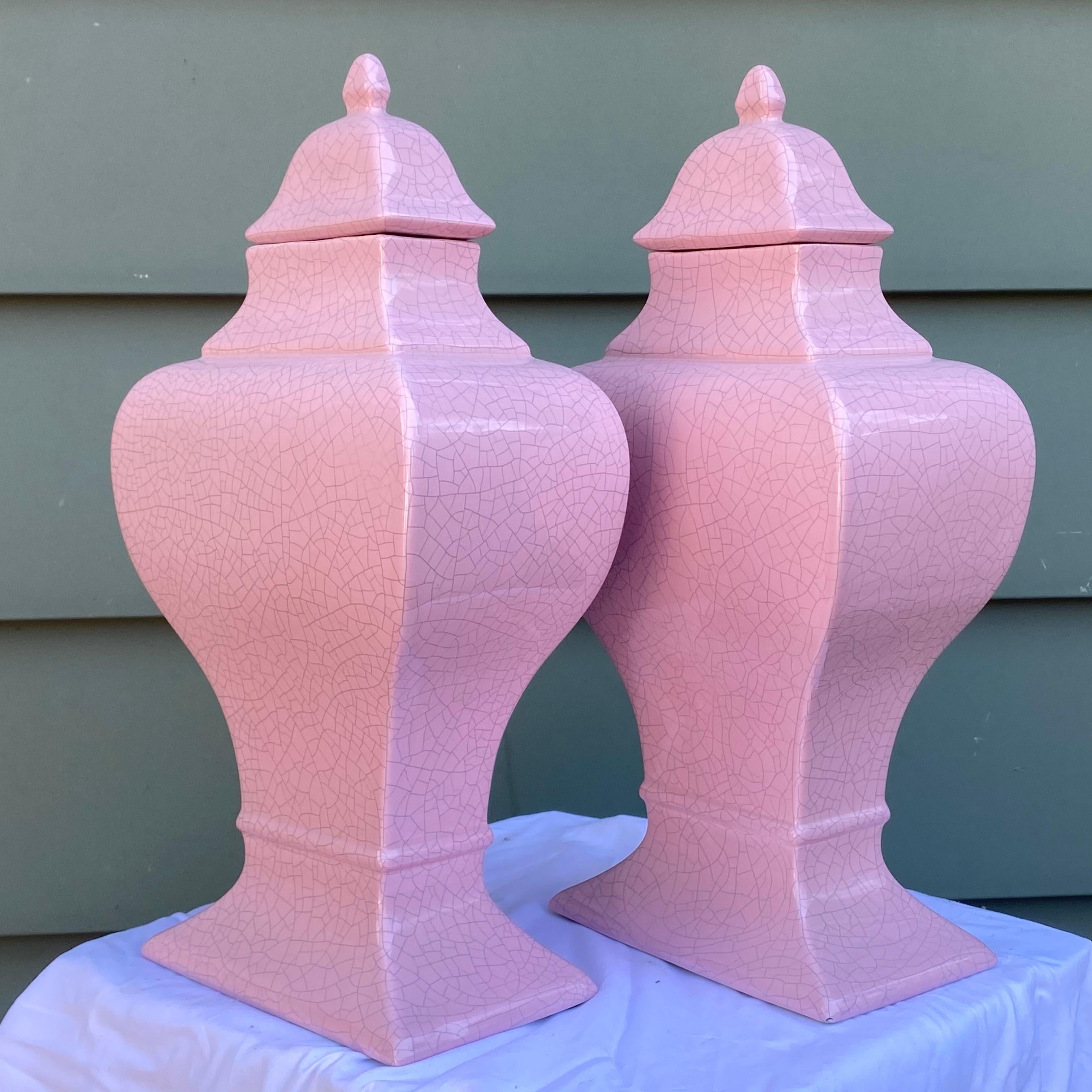 Pair 1980's Modern Jaru Pink Crackle Lidded Ceramic Jars 4
