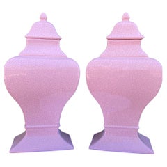 Pair 1980's Modern Jaru Pink Crackle Lidded Ceramic Jars