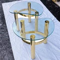 Pair 1980's Modern Kidney Shaped Glass Brass Side Tables