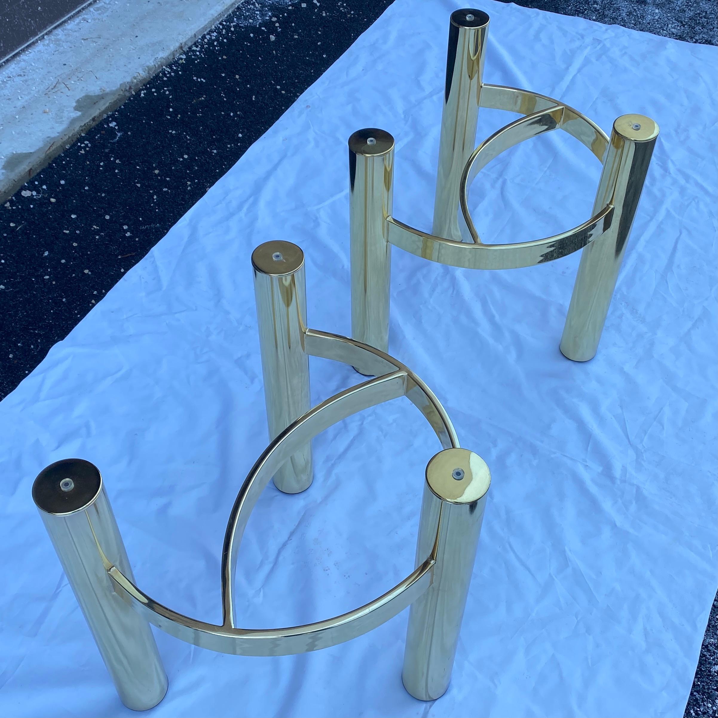 Pair 1980's Modern Kidney Shaped Glass Brass Side Tables For Sale 1