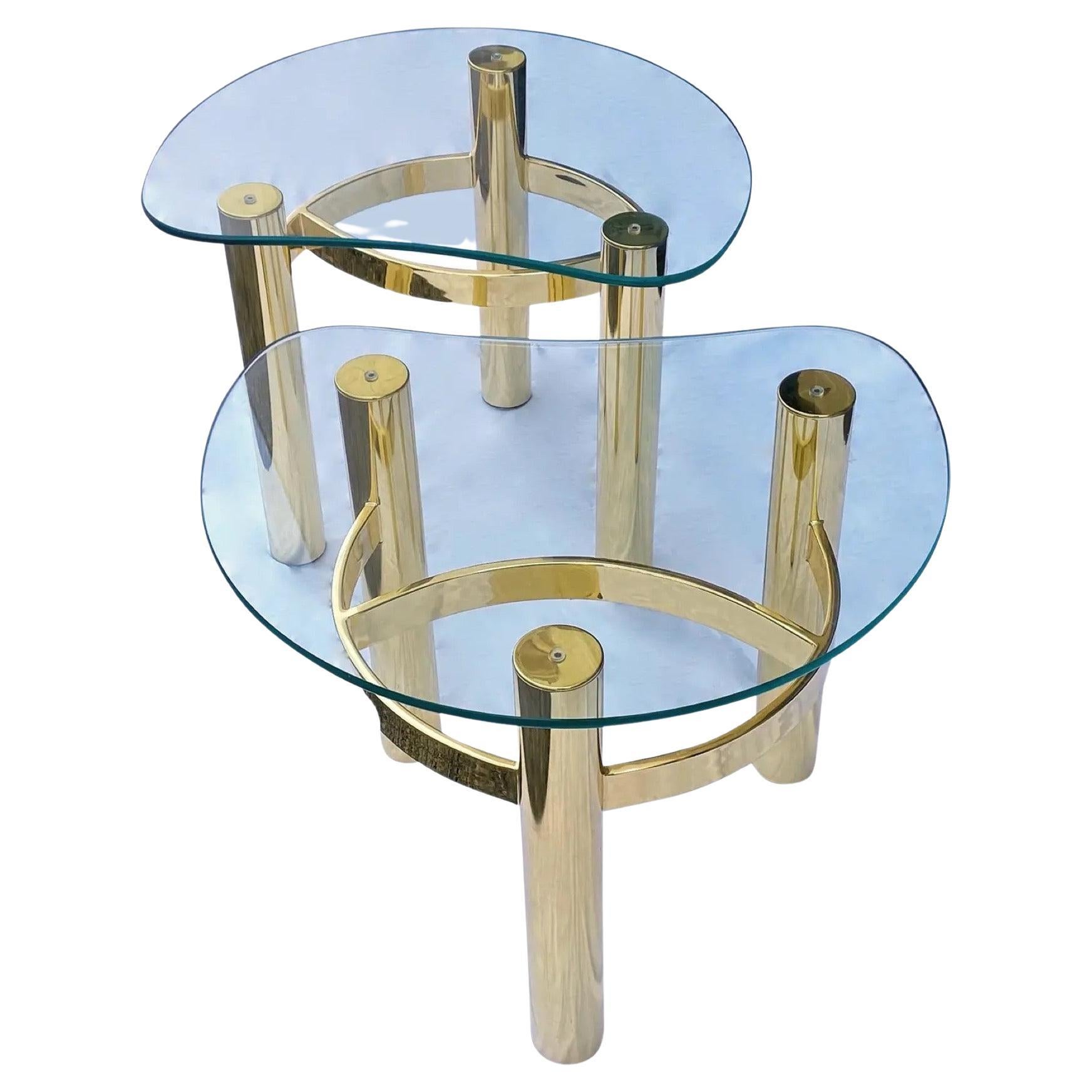 Pair 1980's Modern Kidney Shaped Glass Brass Side Tables For Sale