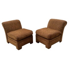 Pair 1980s Postmodern Modern Brown Upholstered Curled Back Parson Slipper Chairs