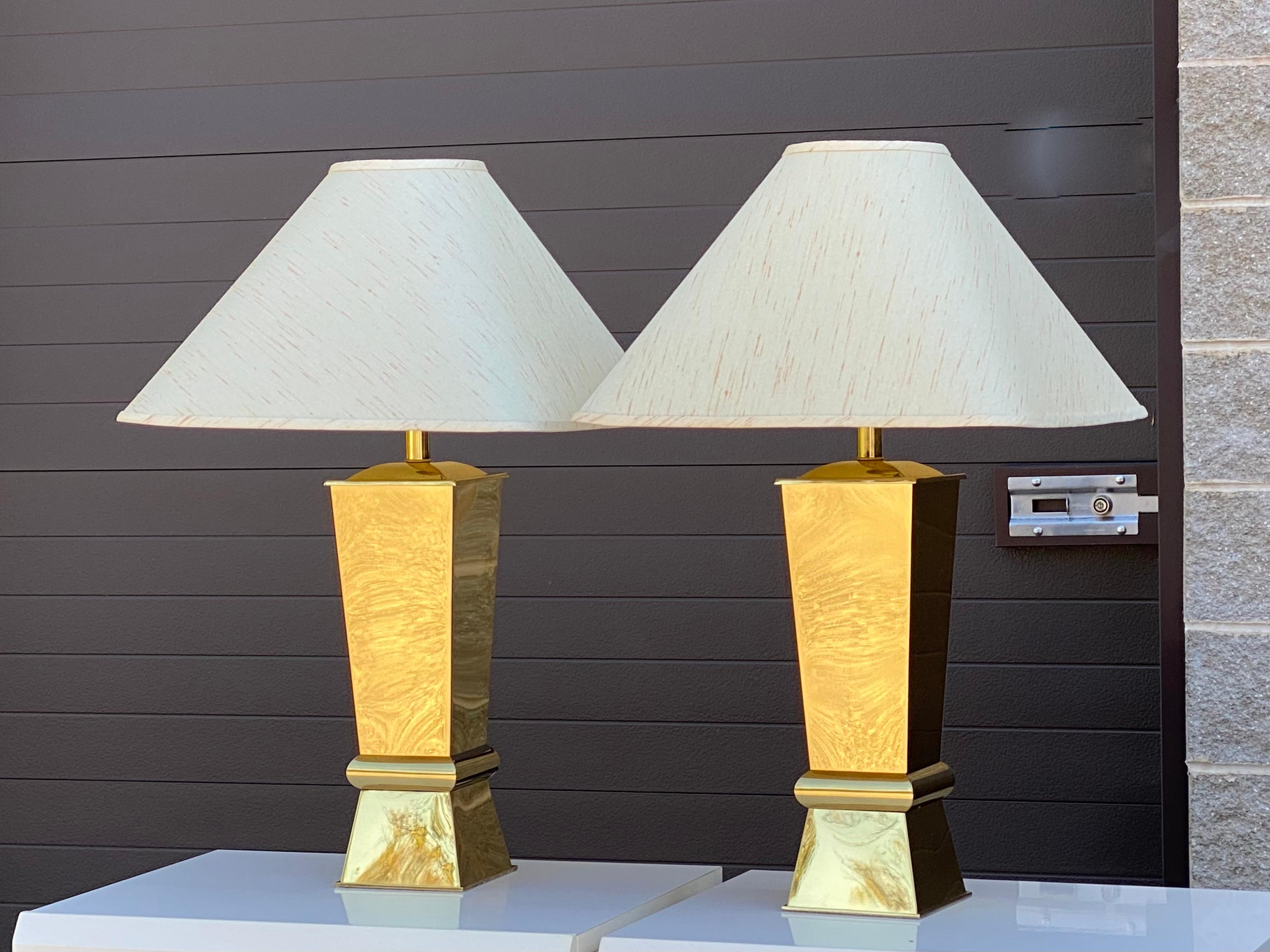 American Pair 1980s Sculptural Brass Lamps With Original Shades