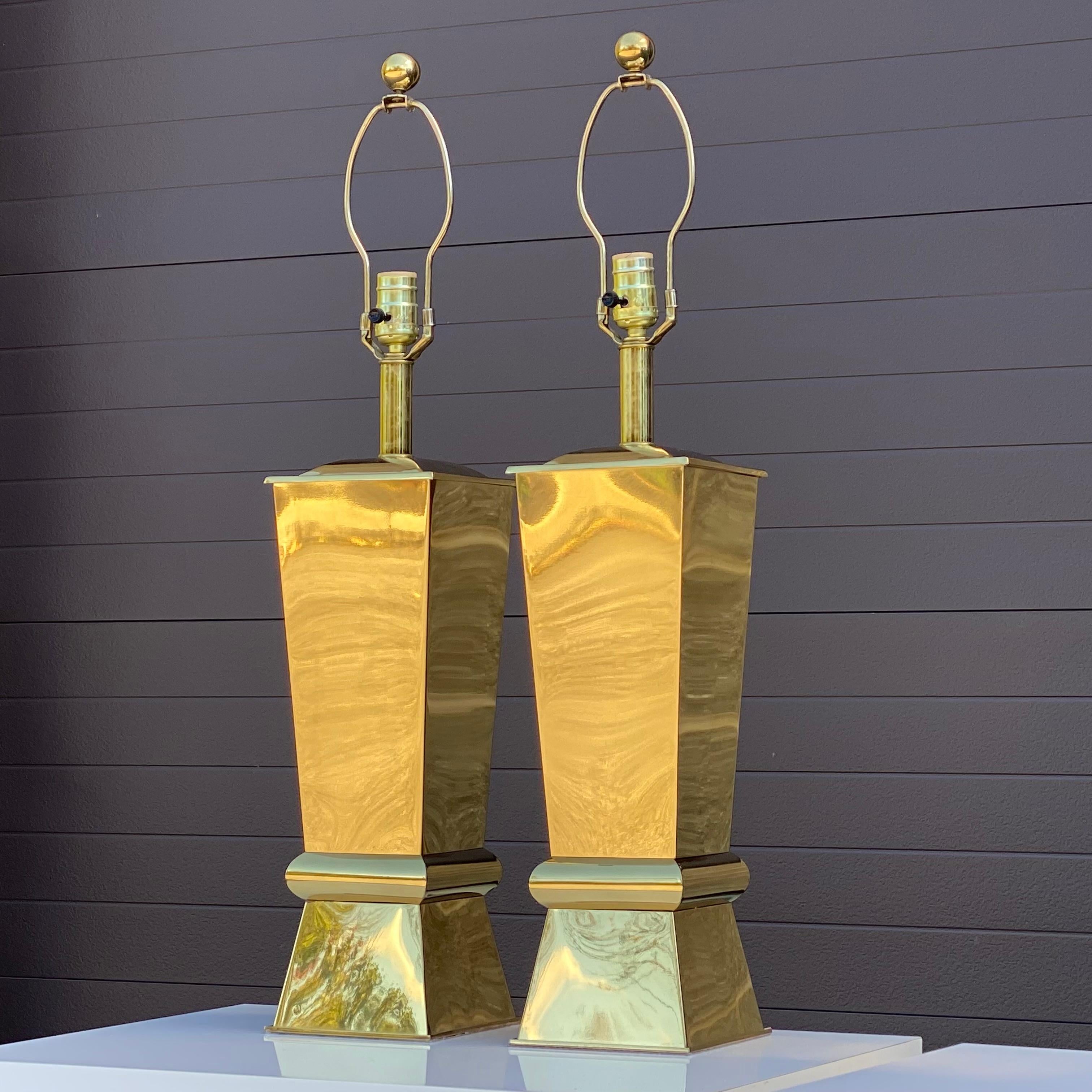 Pair 1980s Sculptural Brass Lamps With Original Shades In Good Condition In West Chester, PA