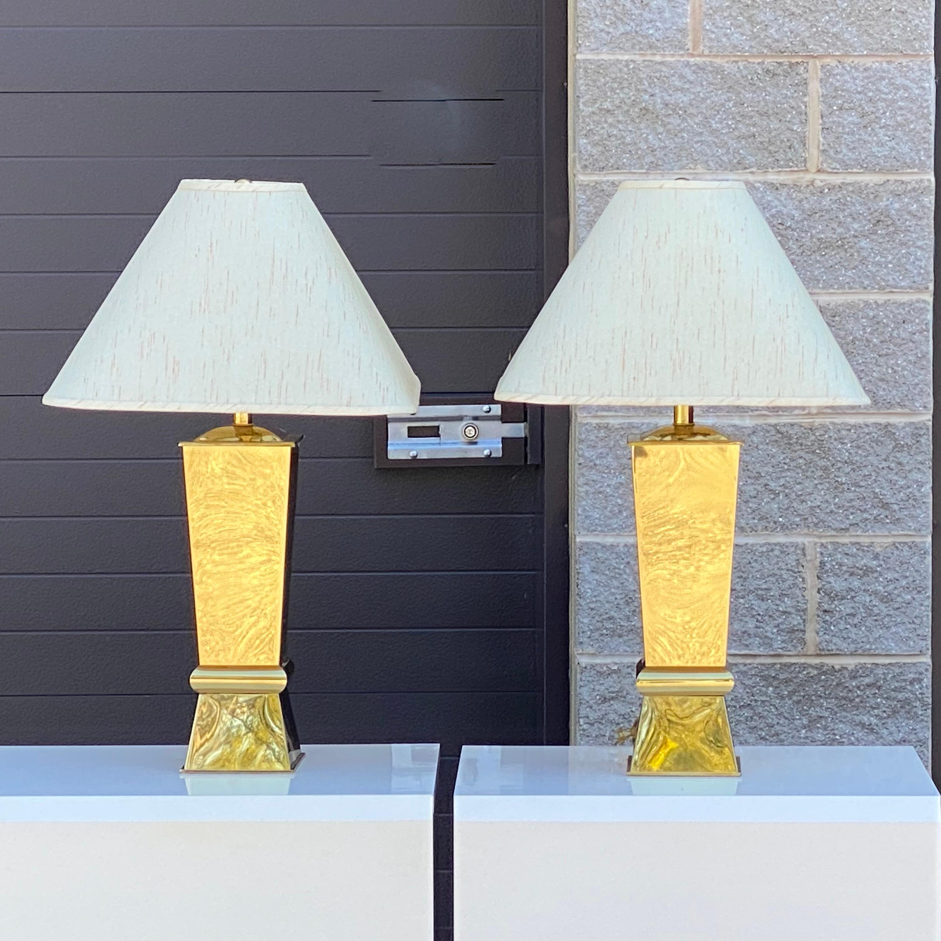 20th Century Pair 1980s Sculptural Brass Lamps With Original Shades