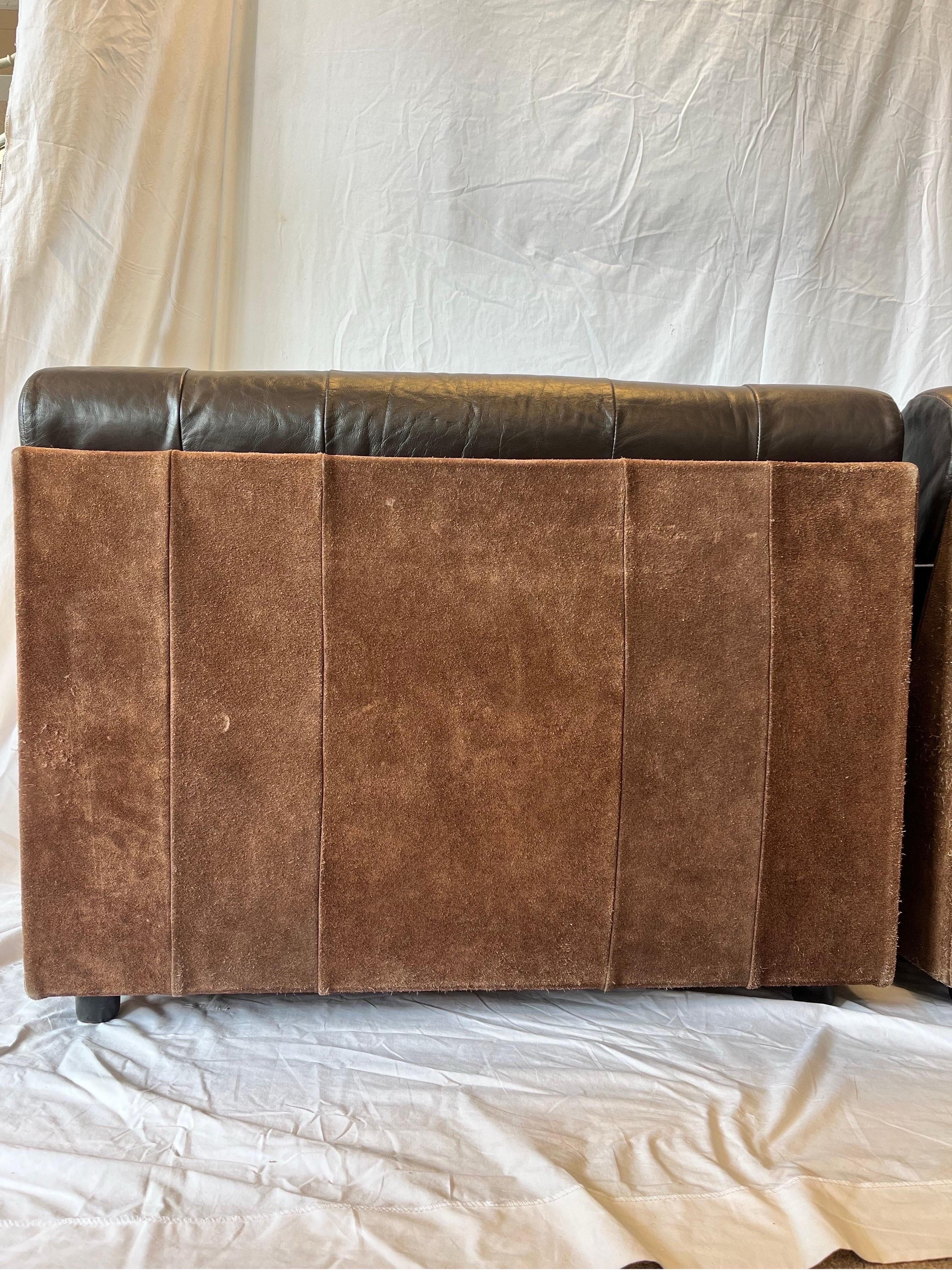 Pair 1980's South American Leather Suede and Wood Lounge Chairs Chocolate Brown 5