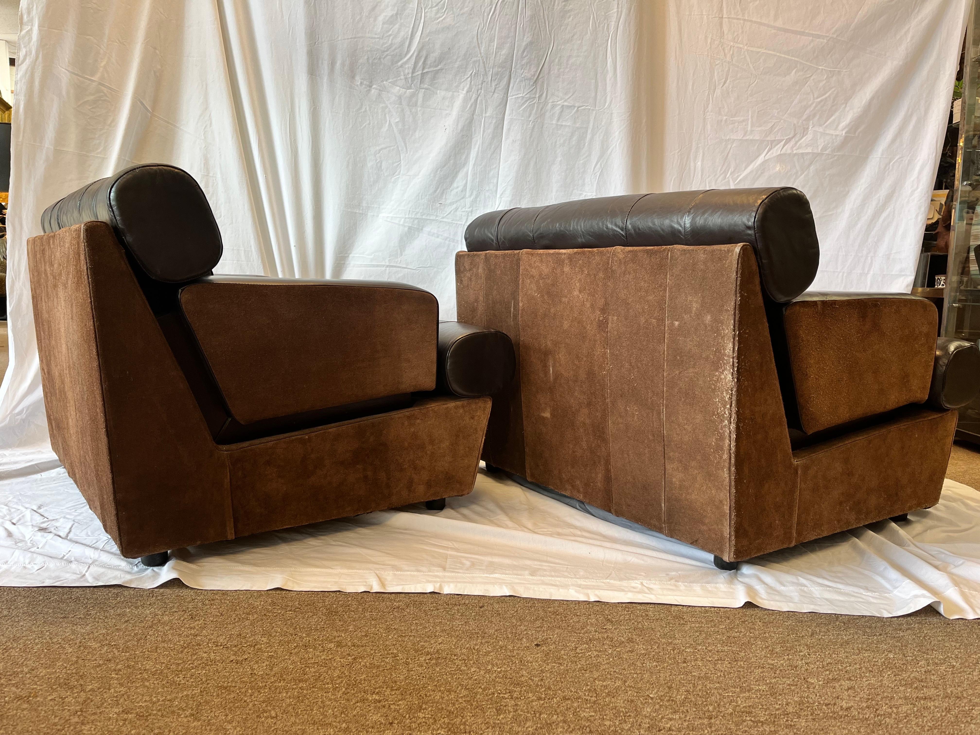 Pair 1980's South American Leather Suede and Wood Lounge Chairs Chocolate Brown 6