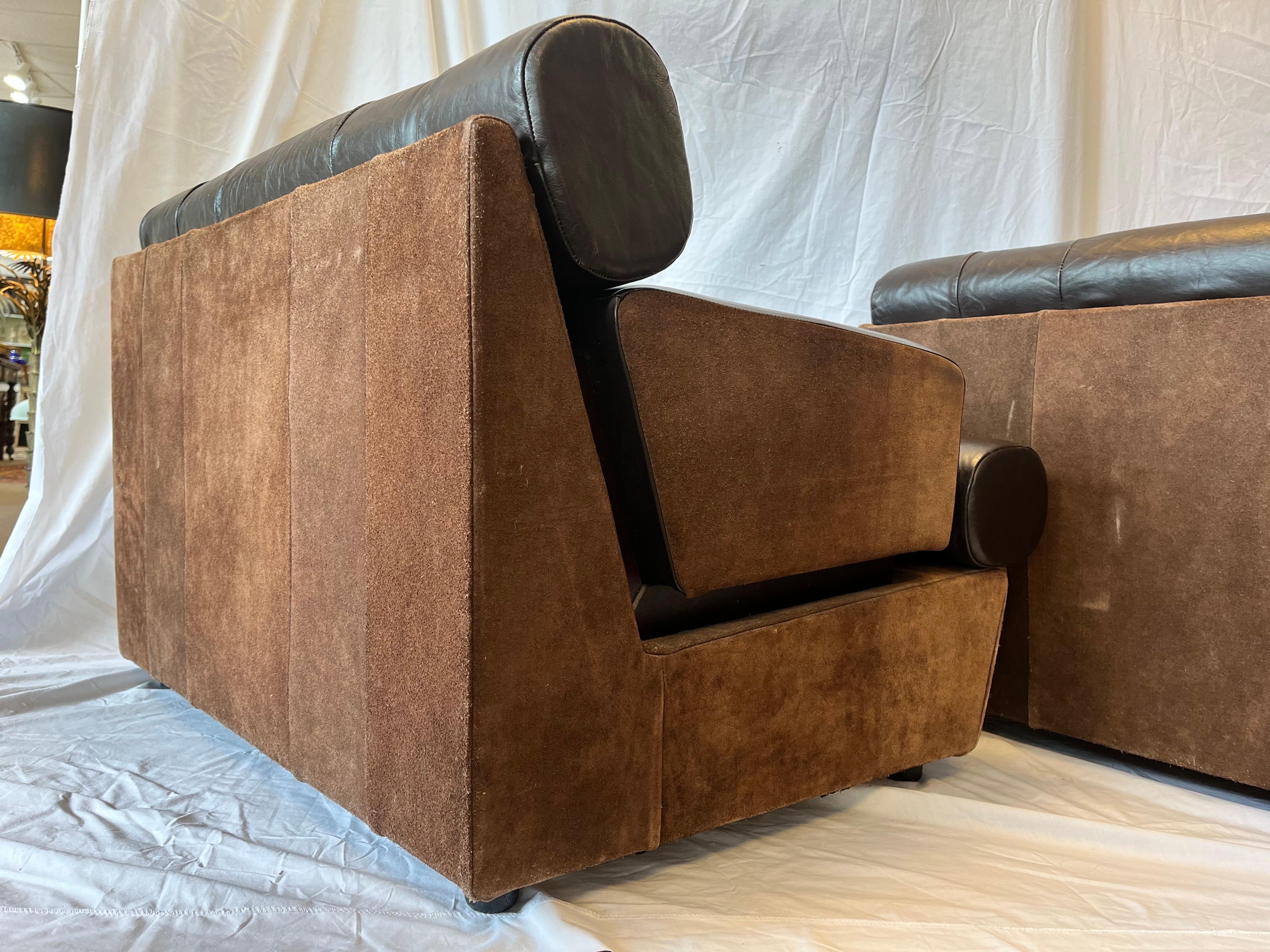 Pair 1980's South American Leather Suede and Wood Lounge Chairs Chocolate Brown 7