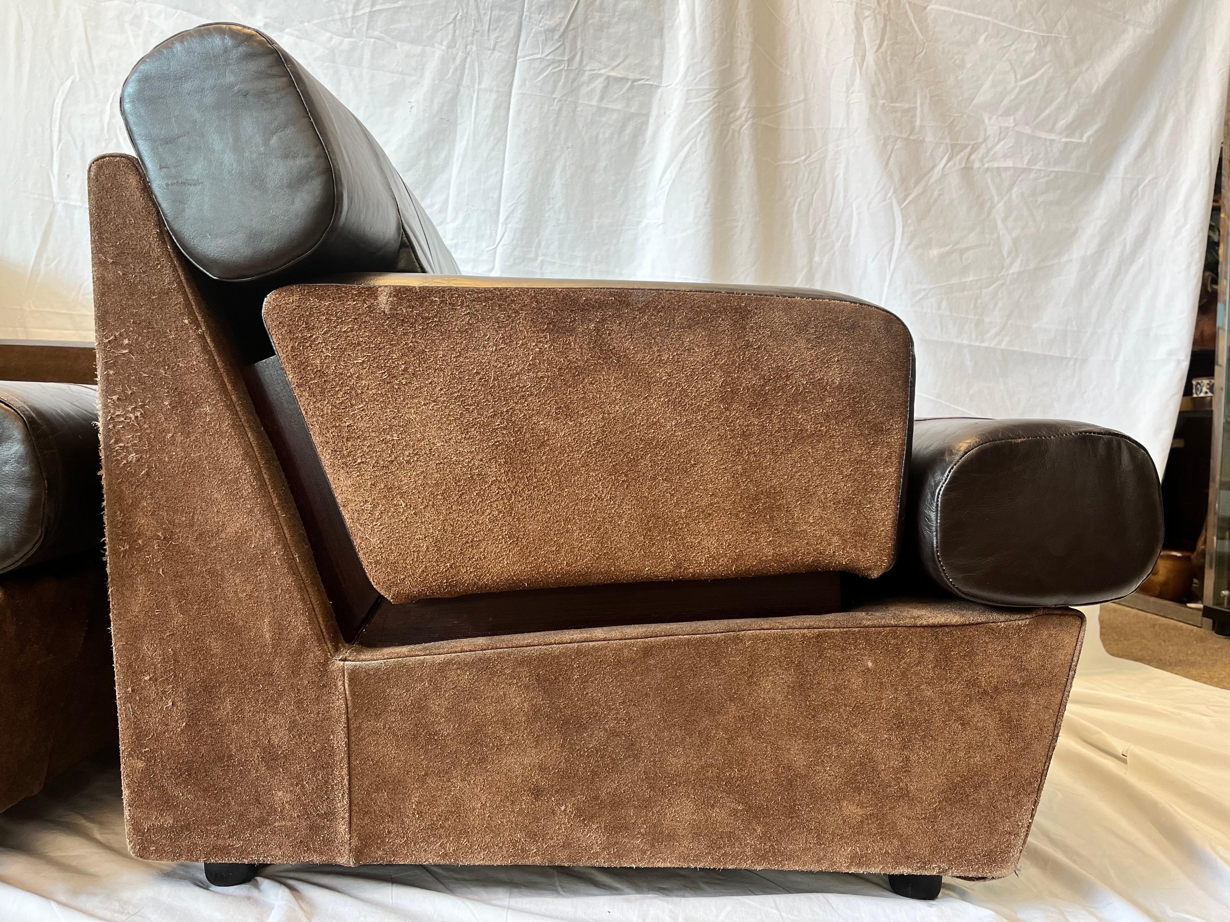 Pair 1980's South American Leather Suede and Wood Lounge Chairs Chocolate Brown 9