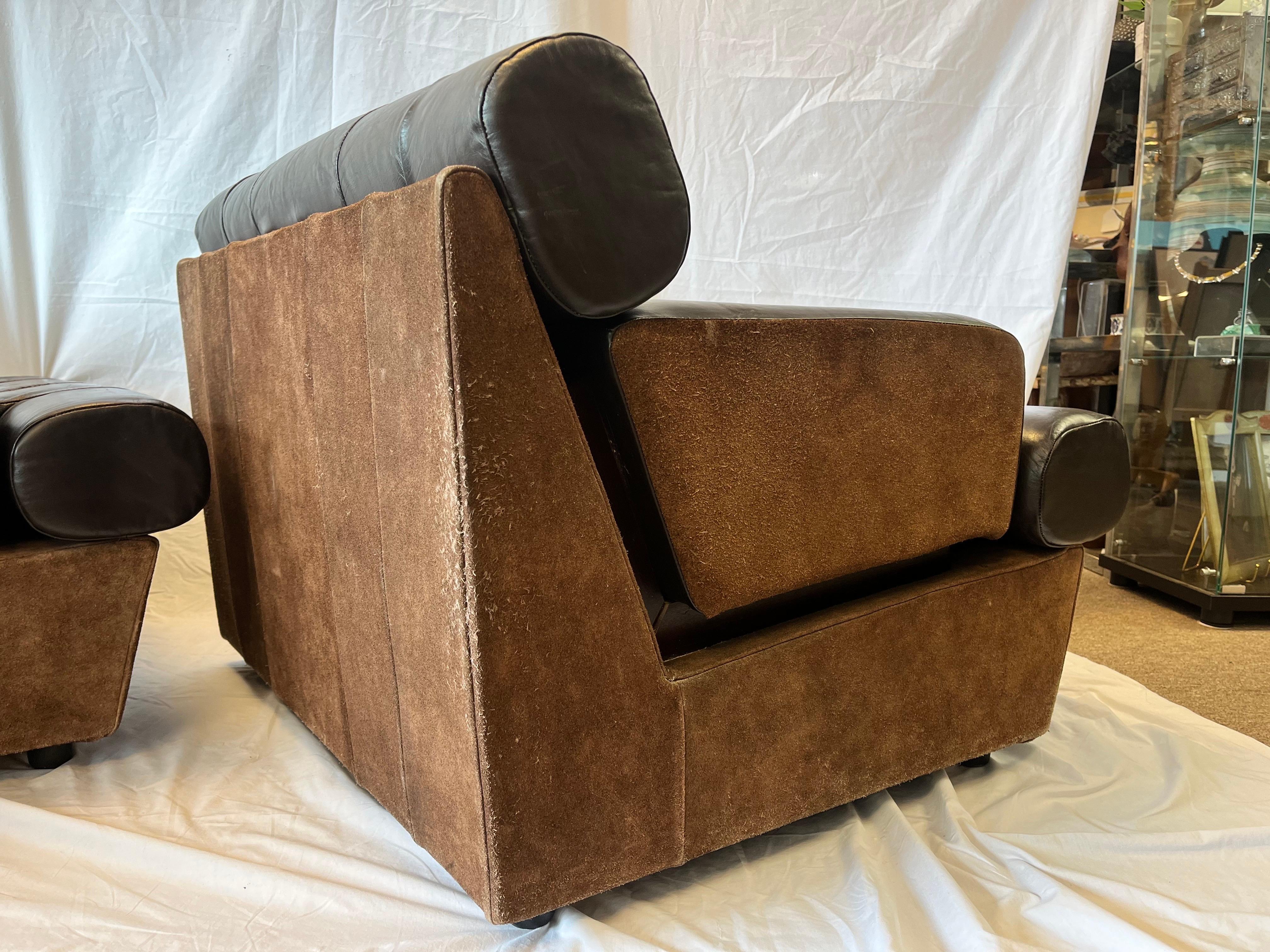 Pair 1980's South American Leather Suede and Wood Lounge Chairs Chocolate Brown 10