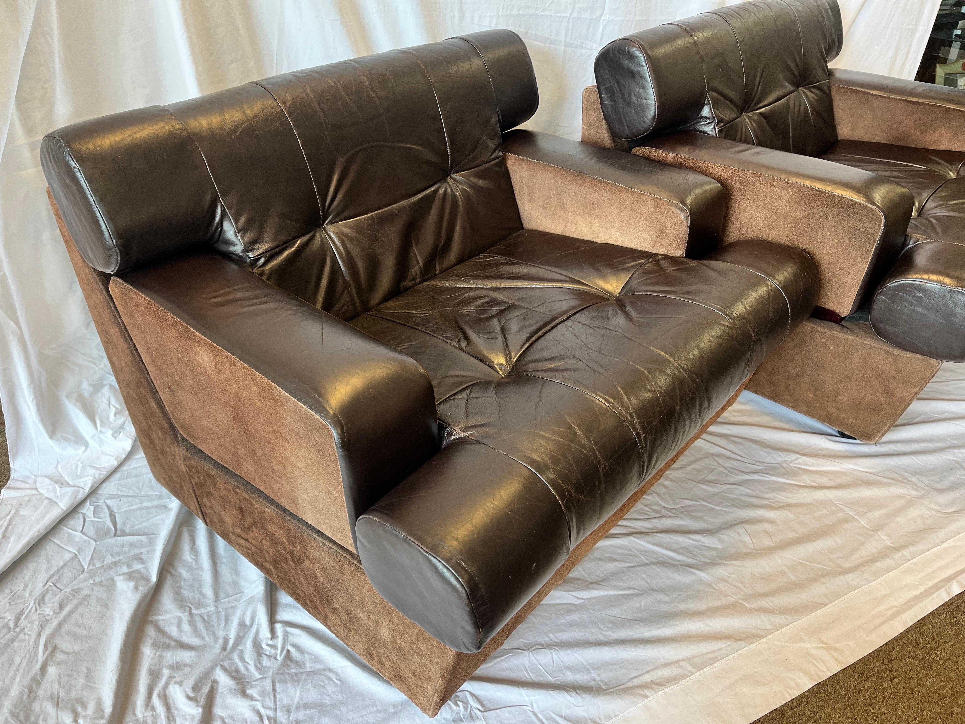 Pair 1980's South American Leather Suede and Wood Lounge Chairs Chocolate Brown 11