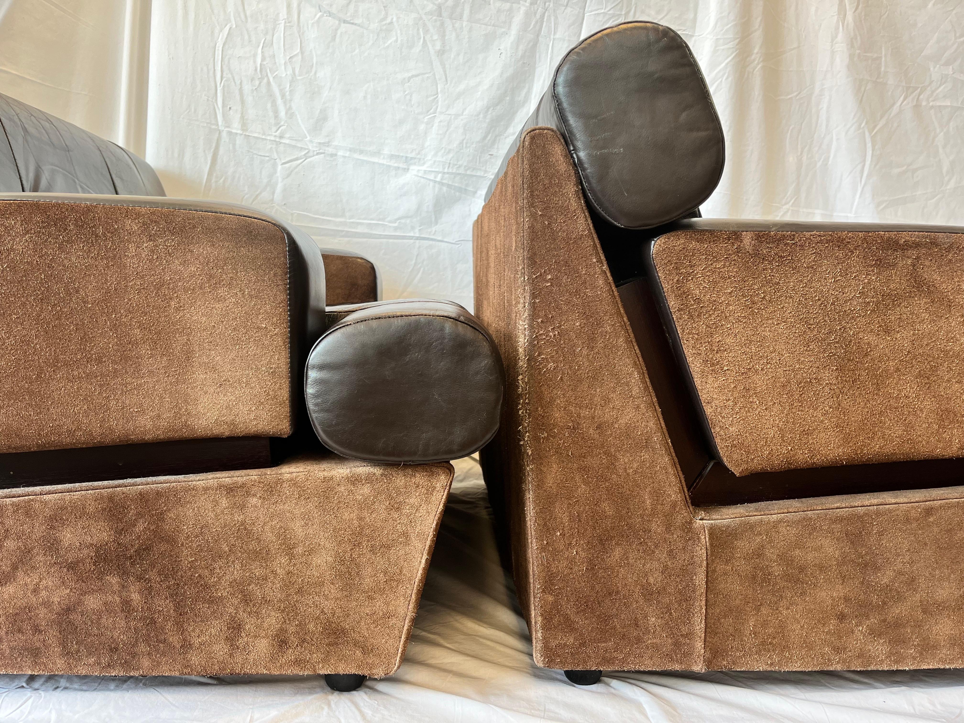 Pair 1980's South American Leather Suede and Wood Lounge Chairs Chocolate Brown 12