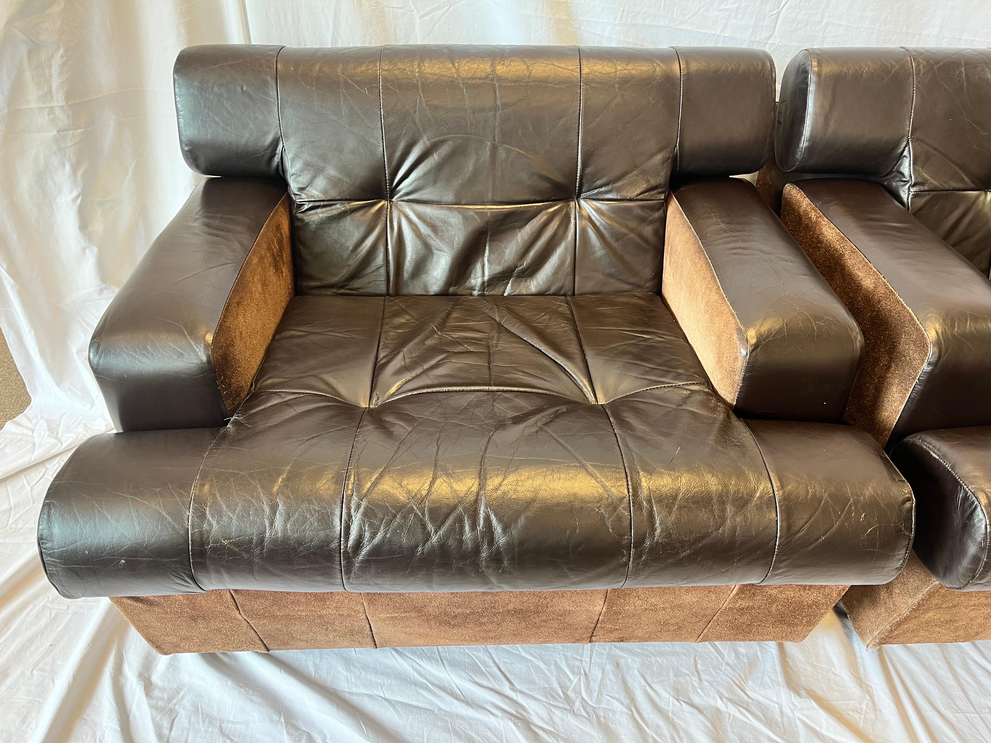 Pair 1980's South American Leather Suede and Wood Lounge Chairs Chocolate Brown 13