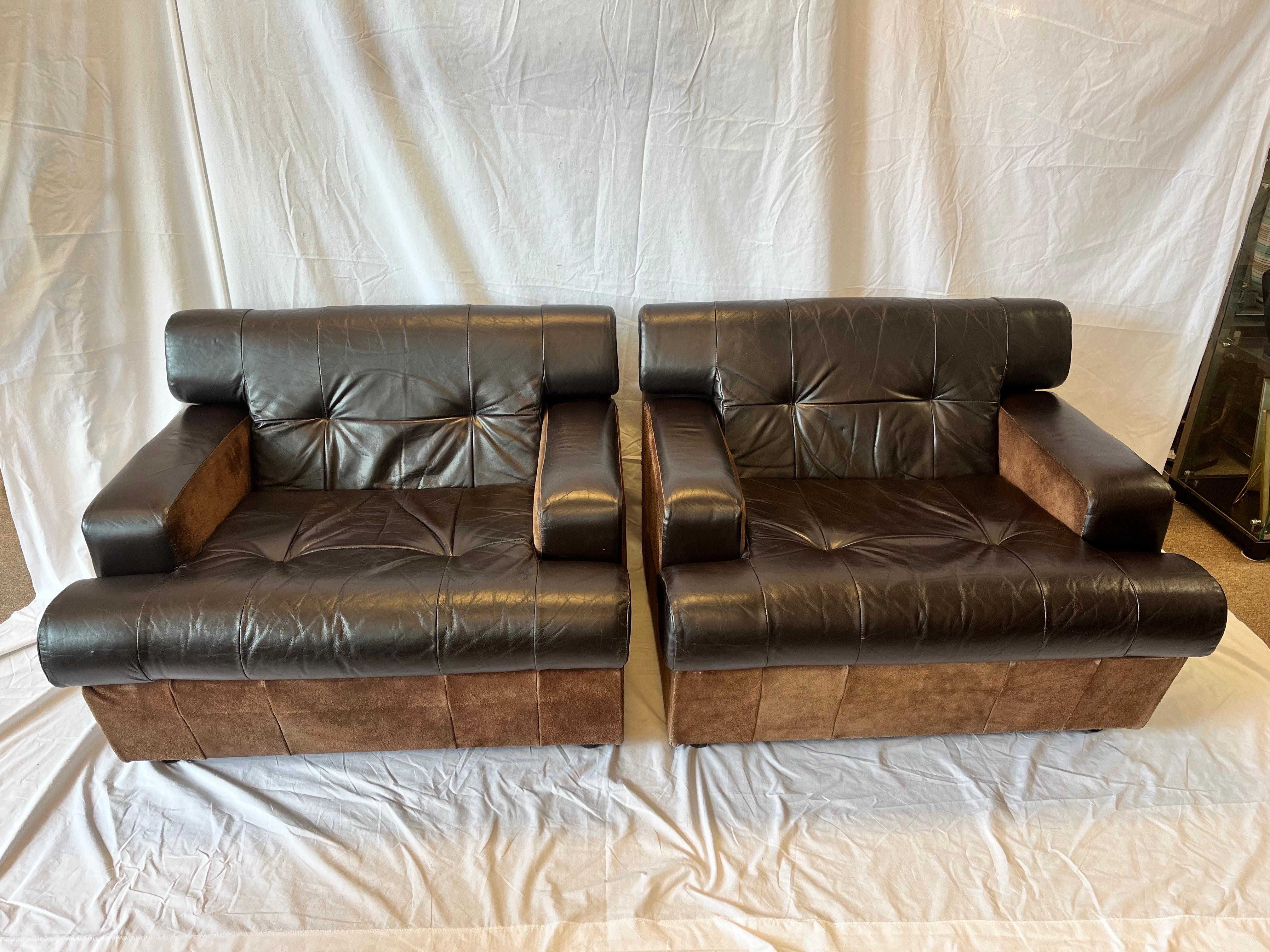 Pair 1980's South American Leather Suede and Wood Lounge Chairs Chocolate Brown 14