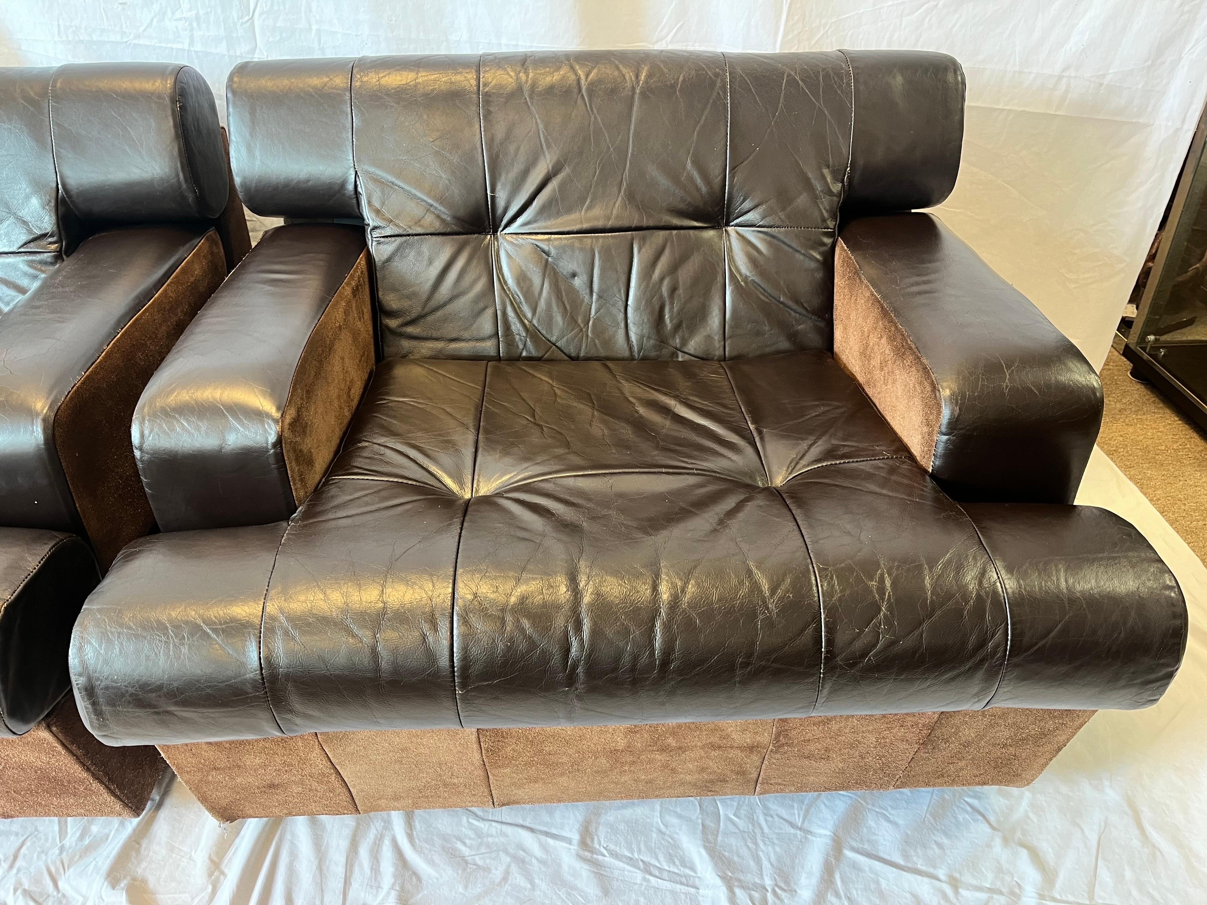 Pair 1980's South American Leather Suede and Wood Lounge Chairs Chocolate Brown 15
