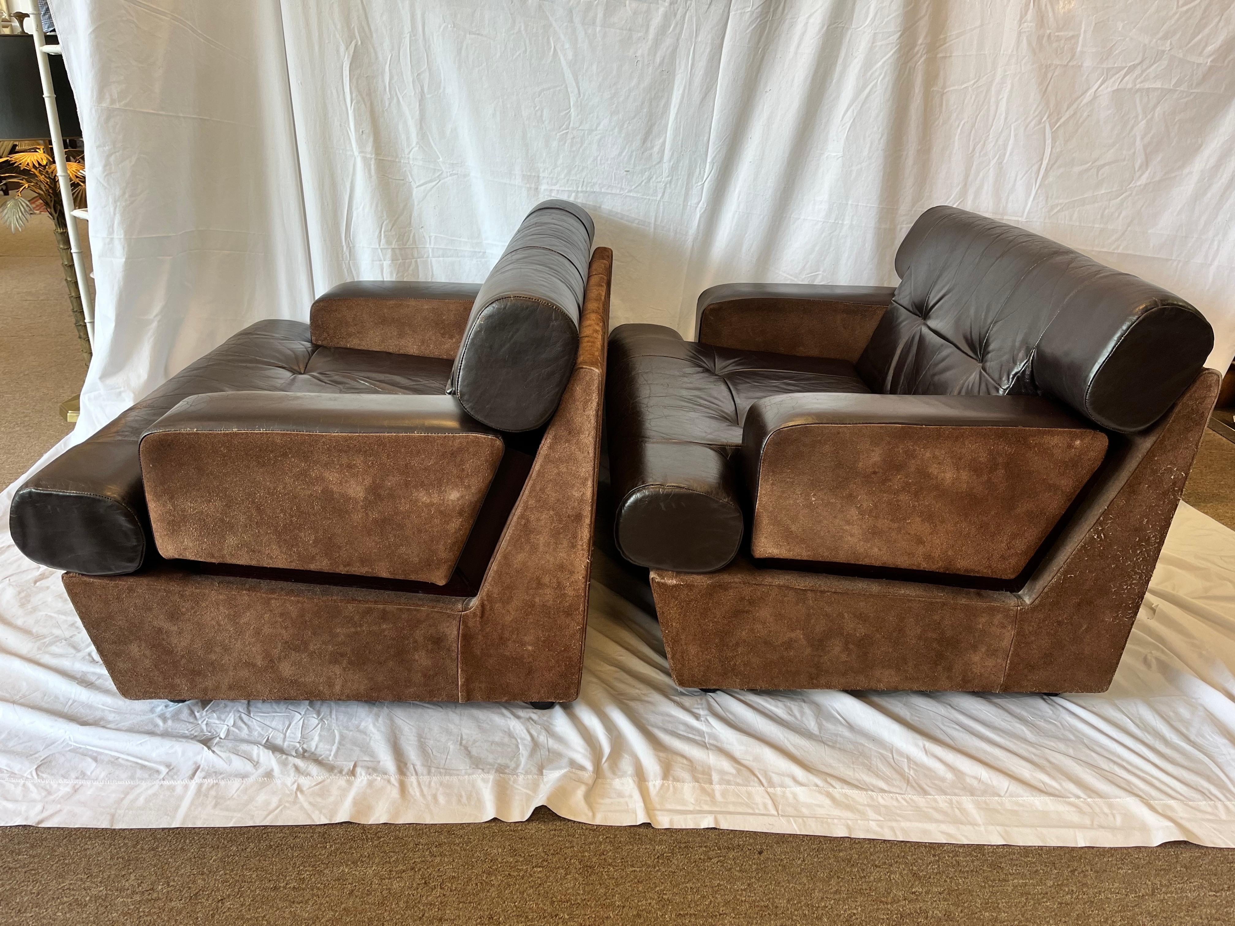Pair 1980's South American Leather Suede and Wood Lounge Chairs Chocolate Brown In Good Condition In Atlanta, GA