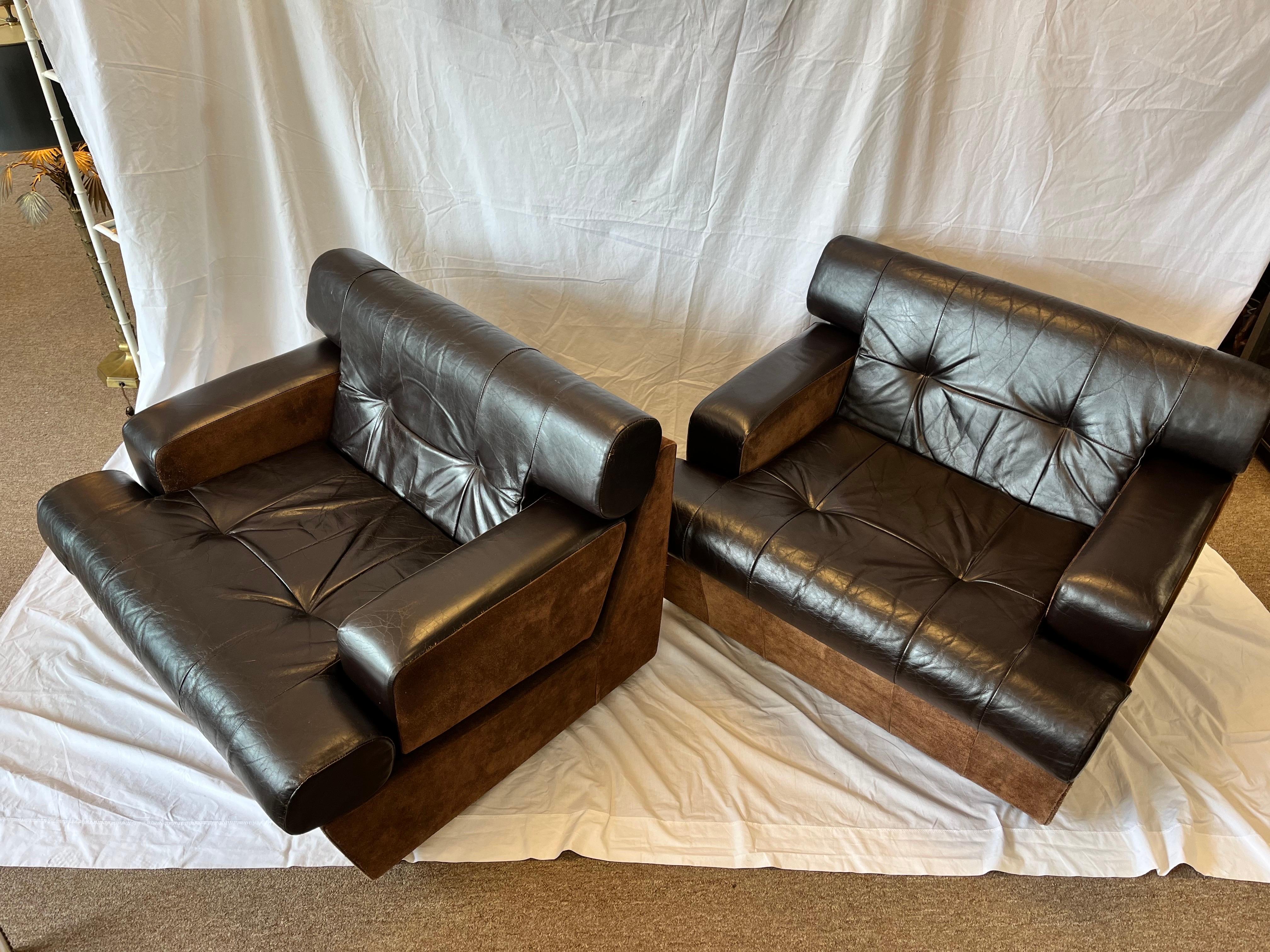 20th Century Pair 1980's South American Leather Suede and Wood Lounge Chairs Chocolate Brown
