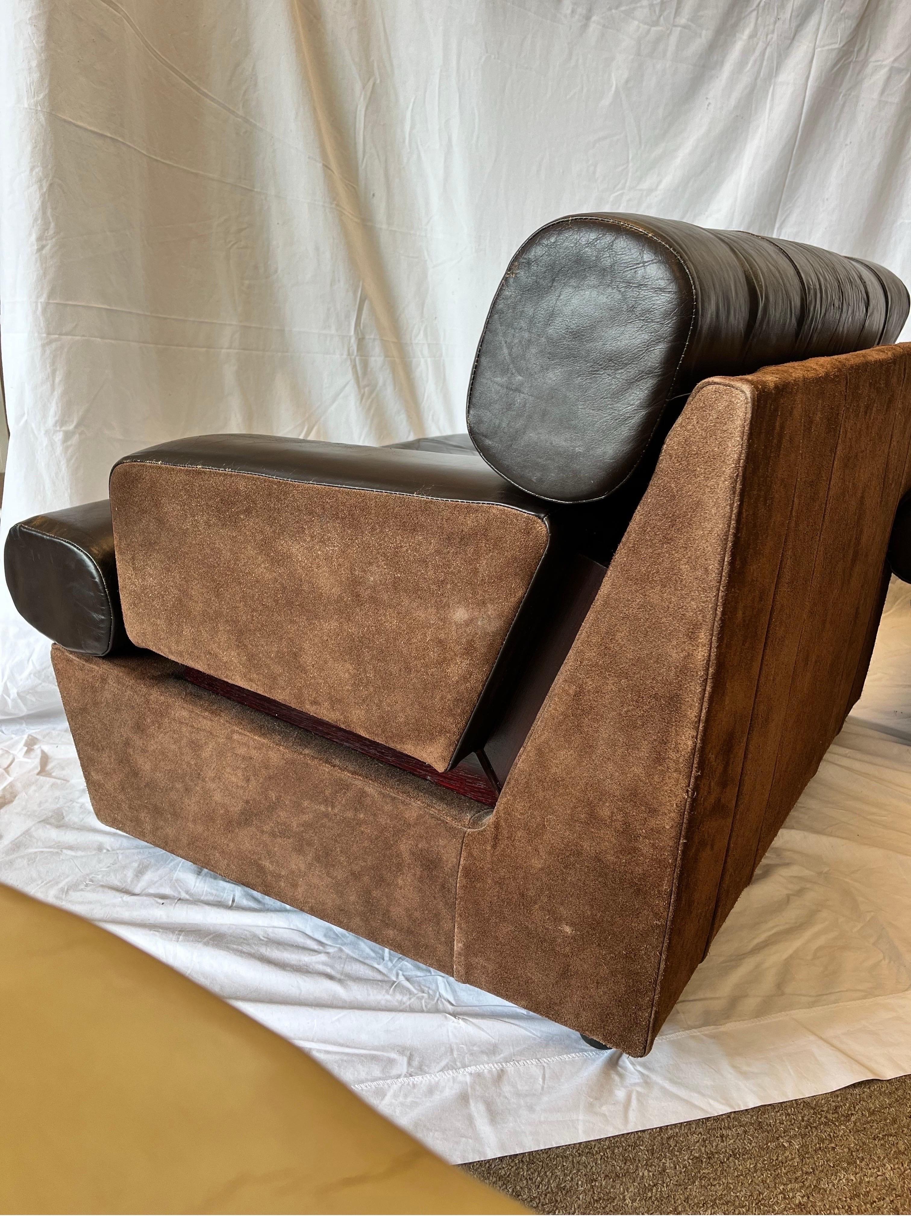 Pair 1980's South American Leather Suede and Wood Lounge Chairs Chocolate Brown 1