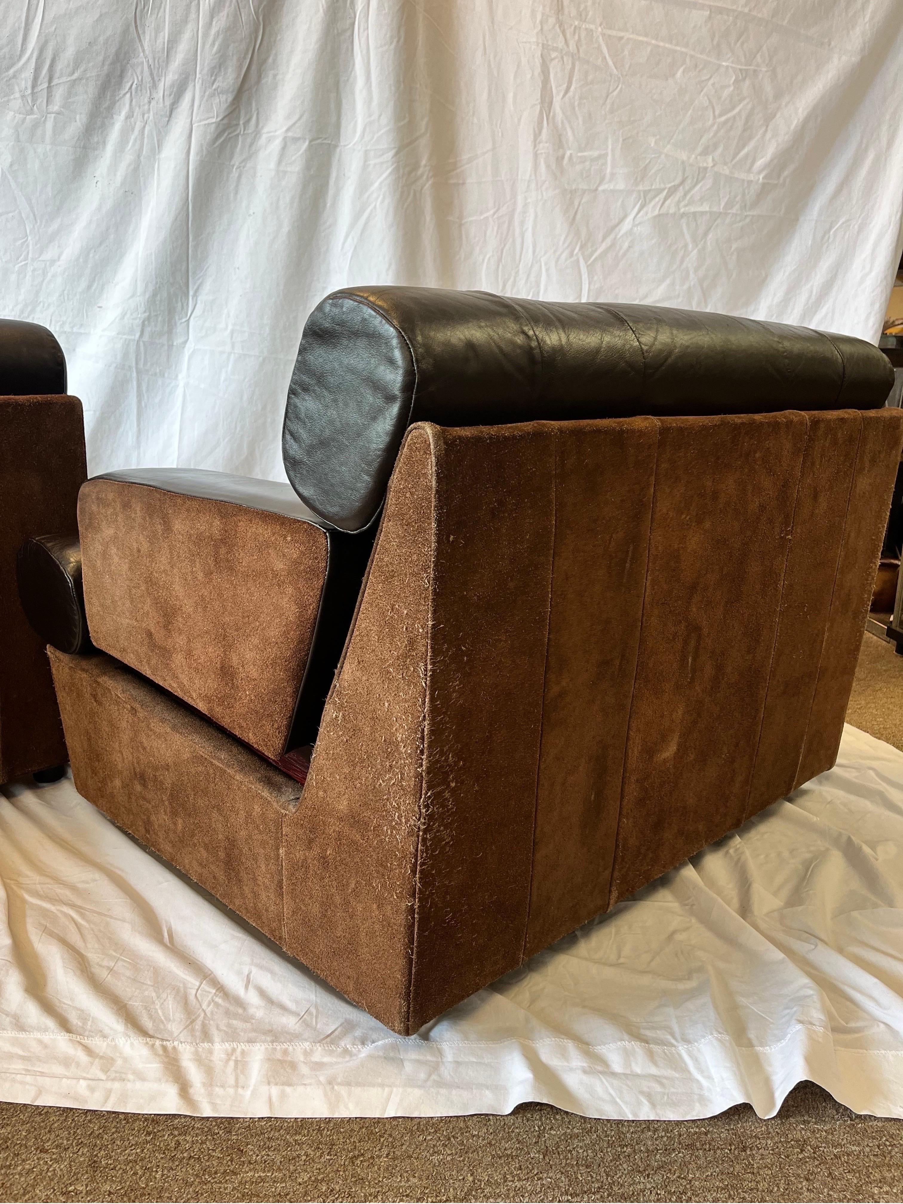 Pair 1980's South American Leather Suede and Wood Lounge Chairs Chocolate Brown 2