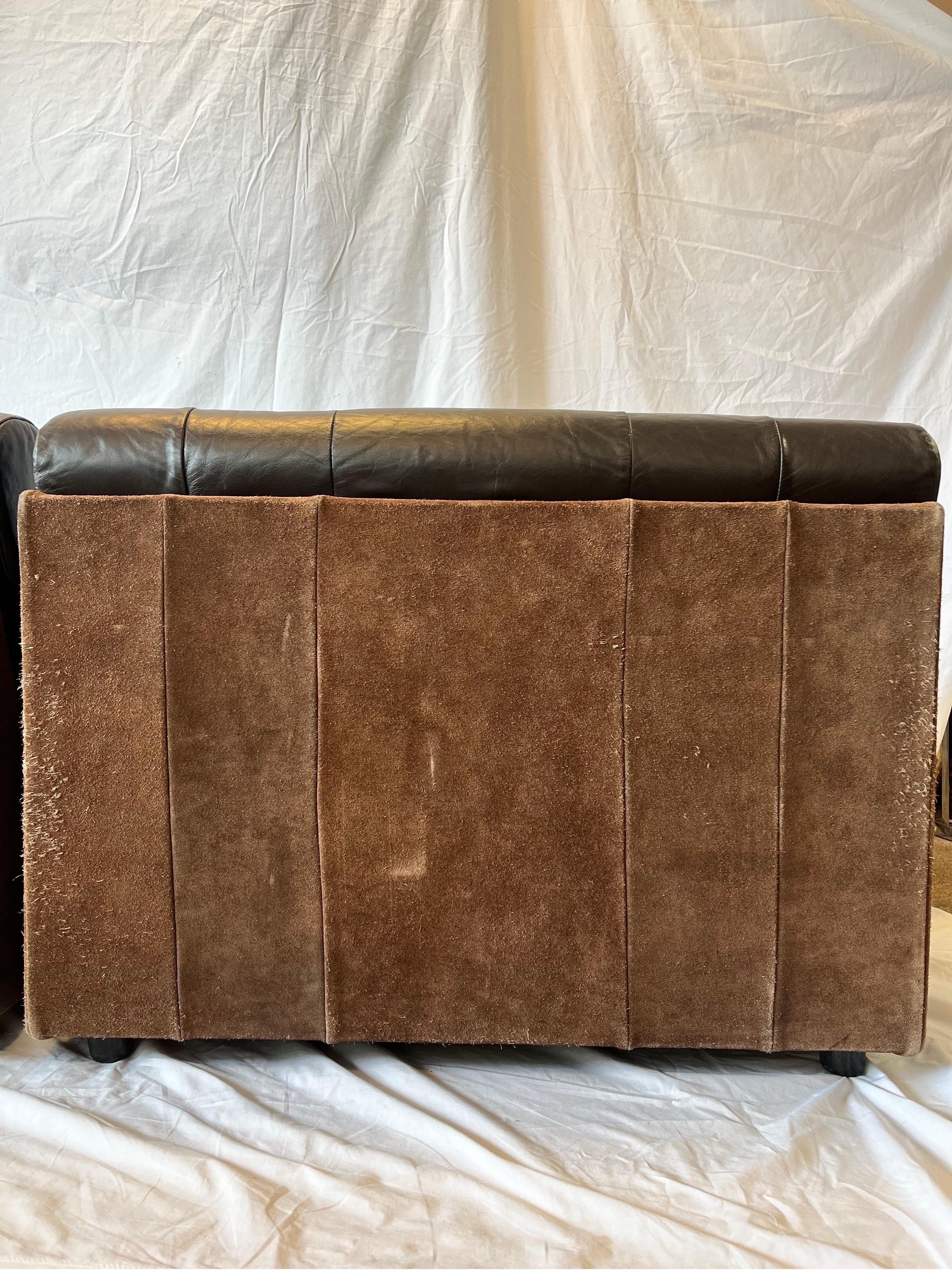 Pair 1980's South American Leather Suede and Wood Lounge Chairs Chocolate Brown 3