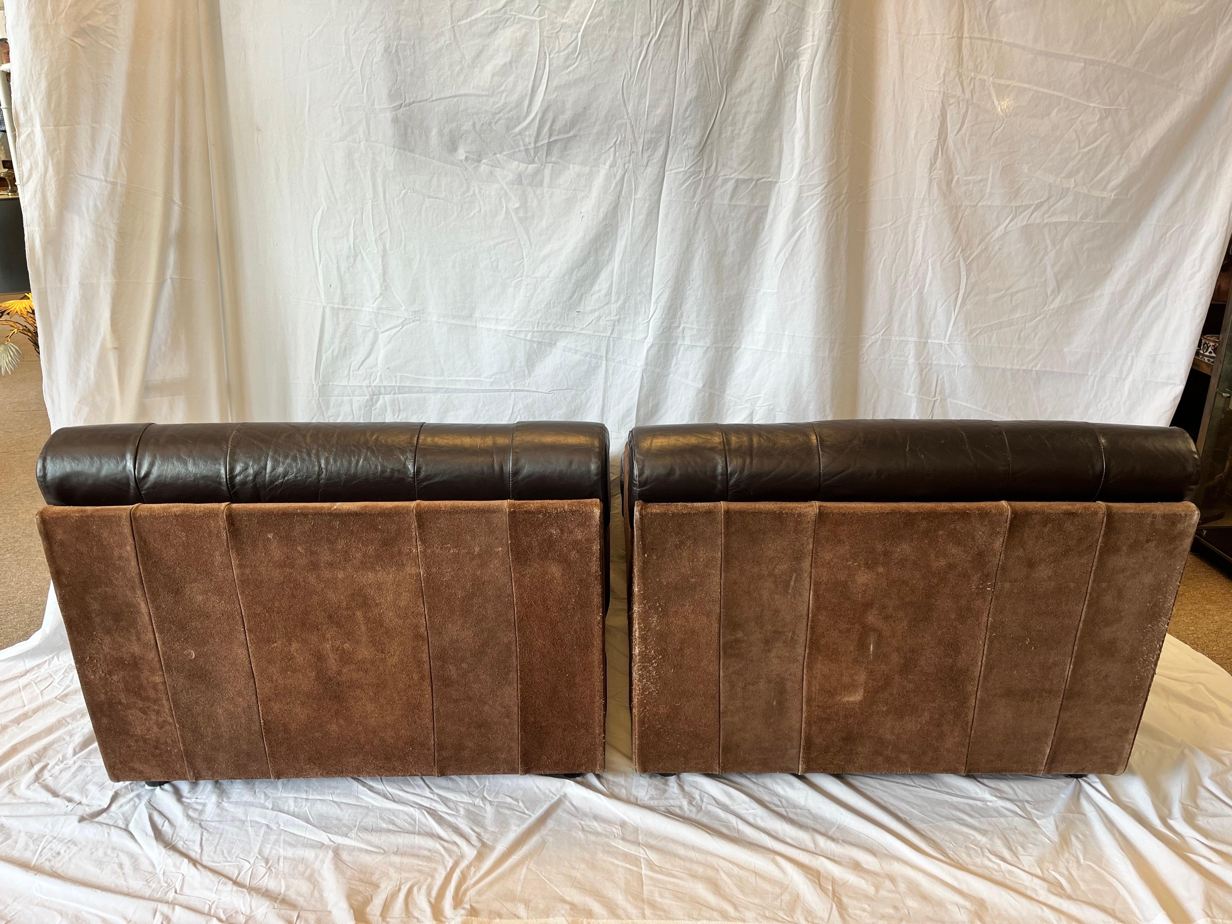 Pair 1980's South American Leather Suede and Wood Lounge Chairs Chocolate Brown 4