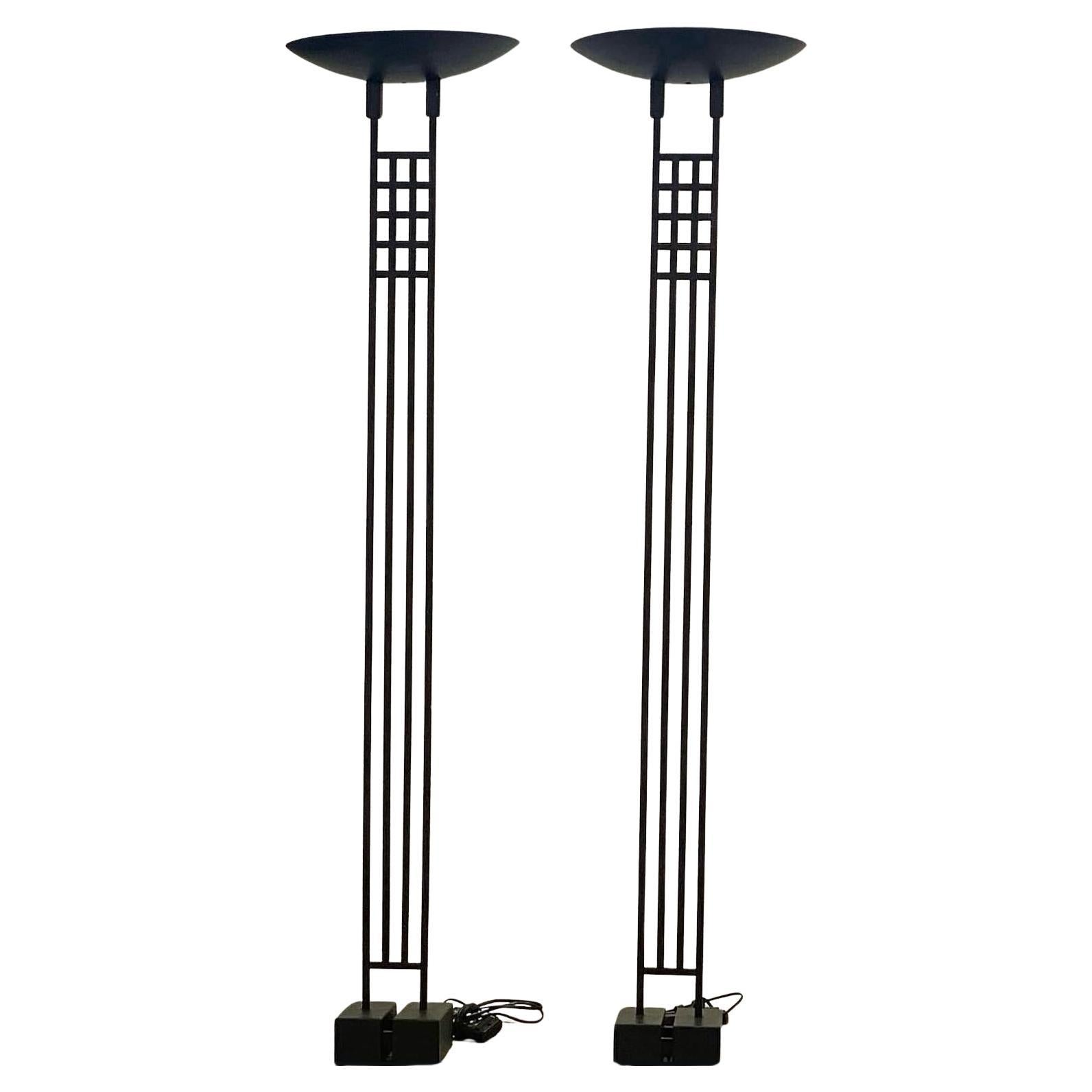 Pair 1987 Robert Sonneman for George Kovacs Black Torchiere Floor Lamps