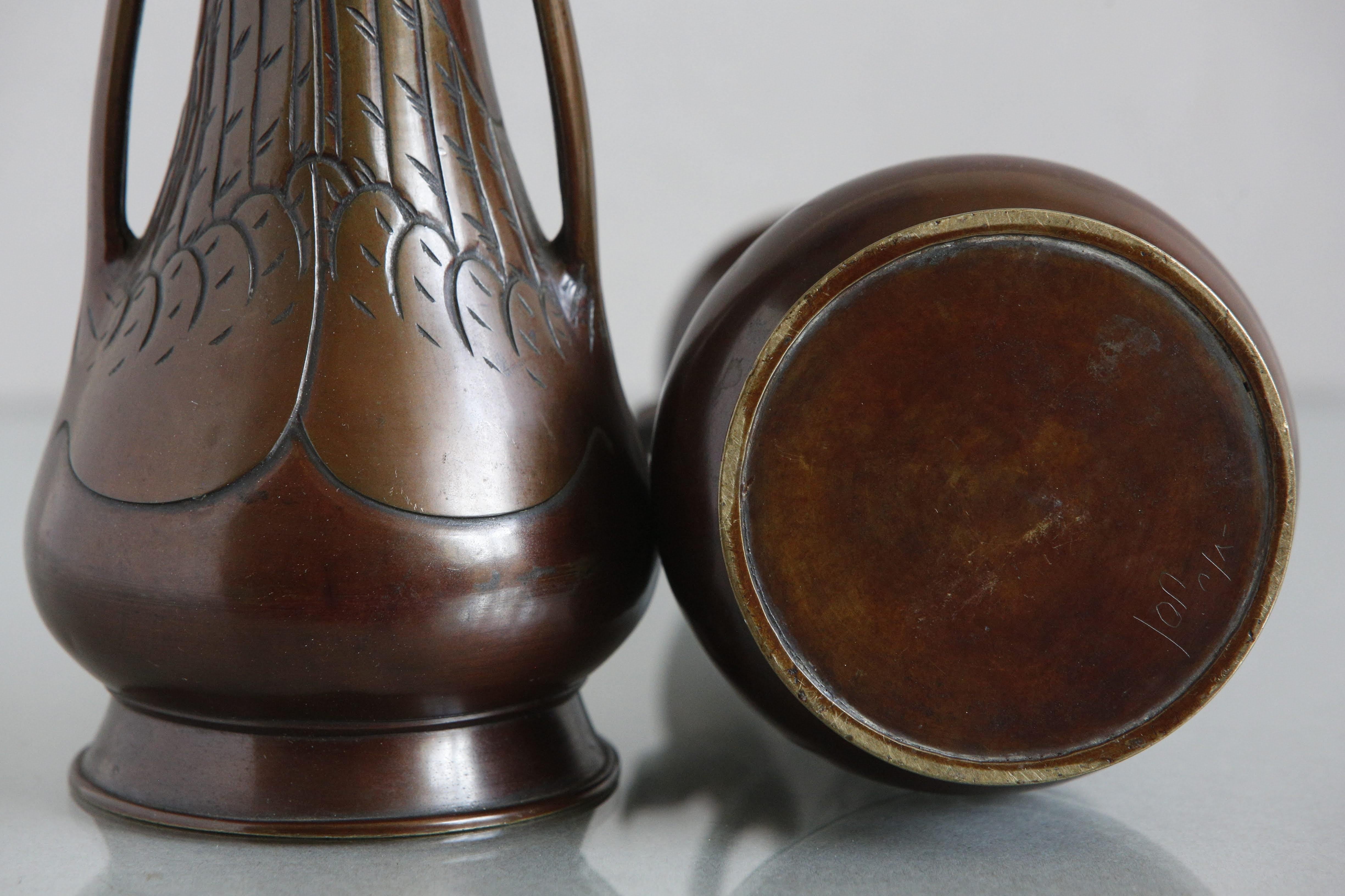 Pair 19th C Japanese Bronze Vases with Egret Handle Decoration, c1890 For Sale 5