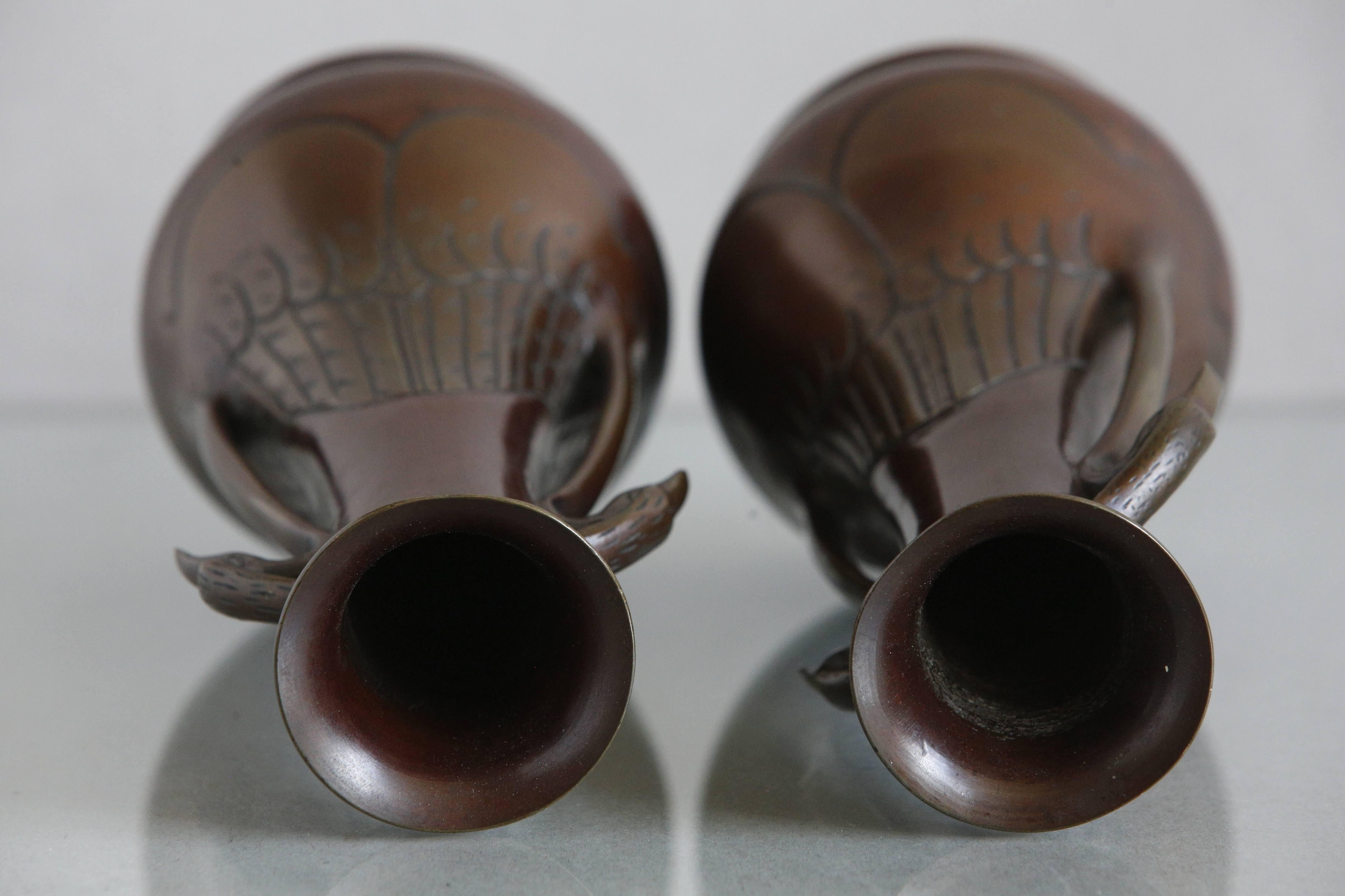 Pair 19th C Japanese Bronze Vases with Egret Handle Decoration, c1890 For Sale 7