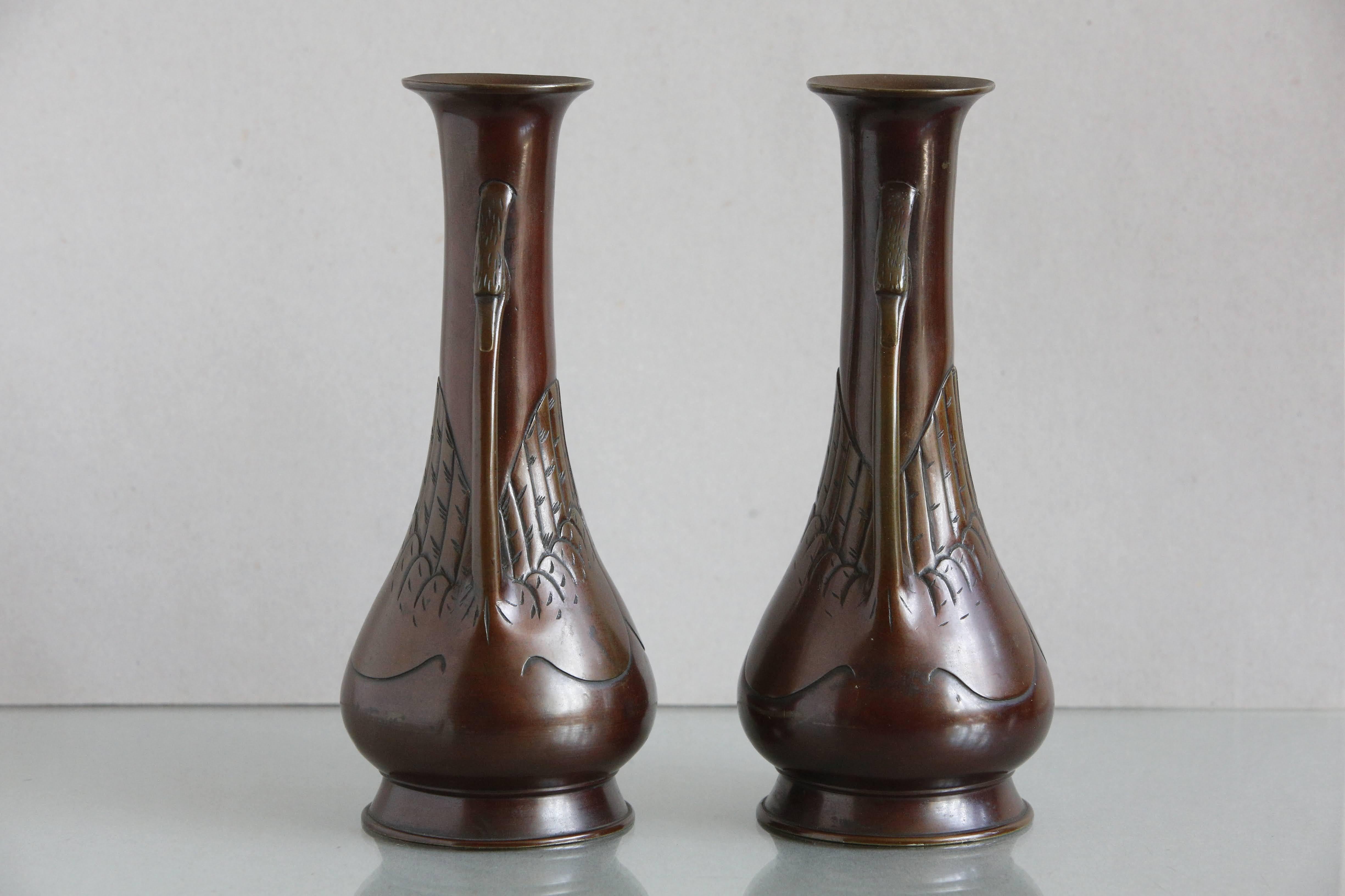 Pair 19th C Japanese Bronze Vases with Egret Handle Decoration, c1890 For Sale 8