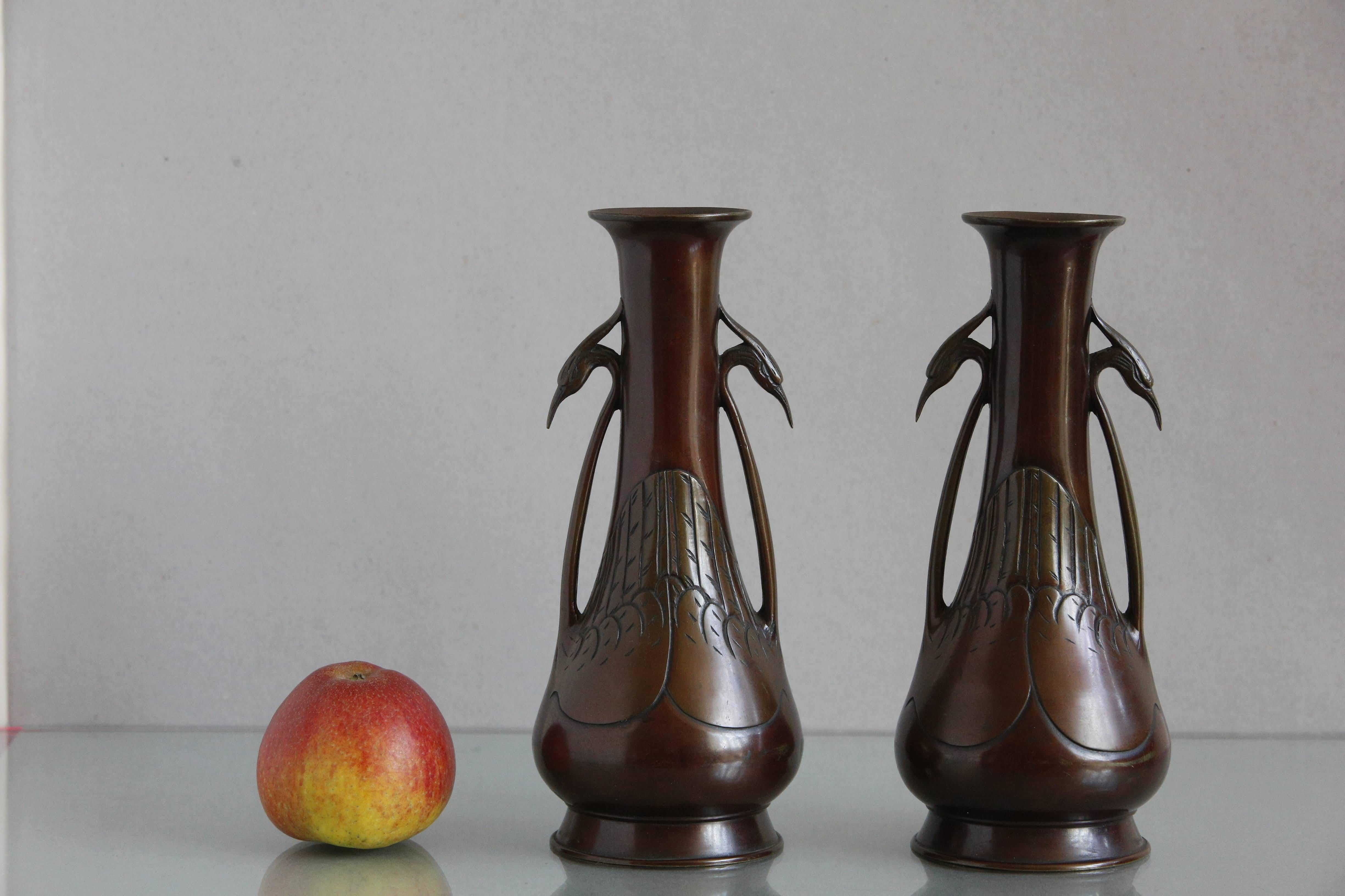 Pair 19th C Japanese Bronze Vases with Egret Handle Decoration, c1890 For Sale 9