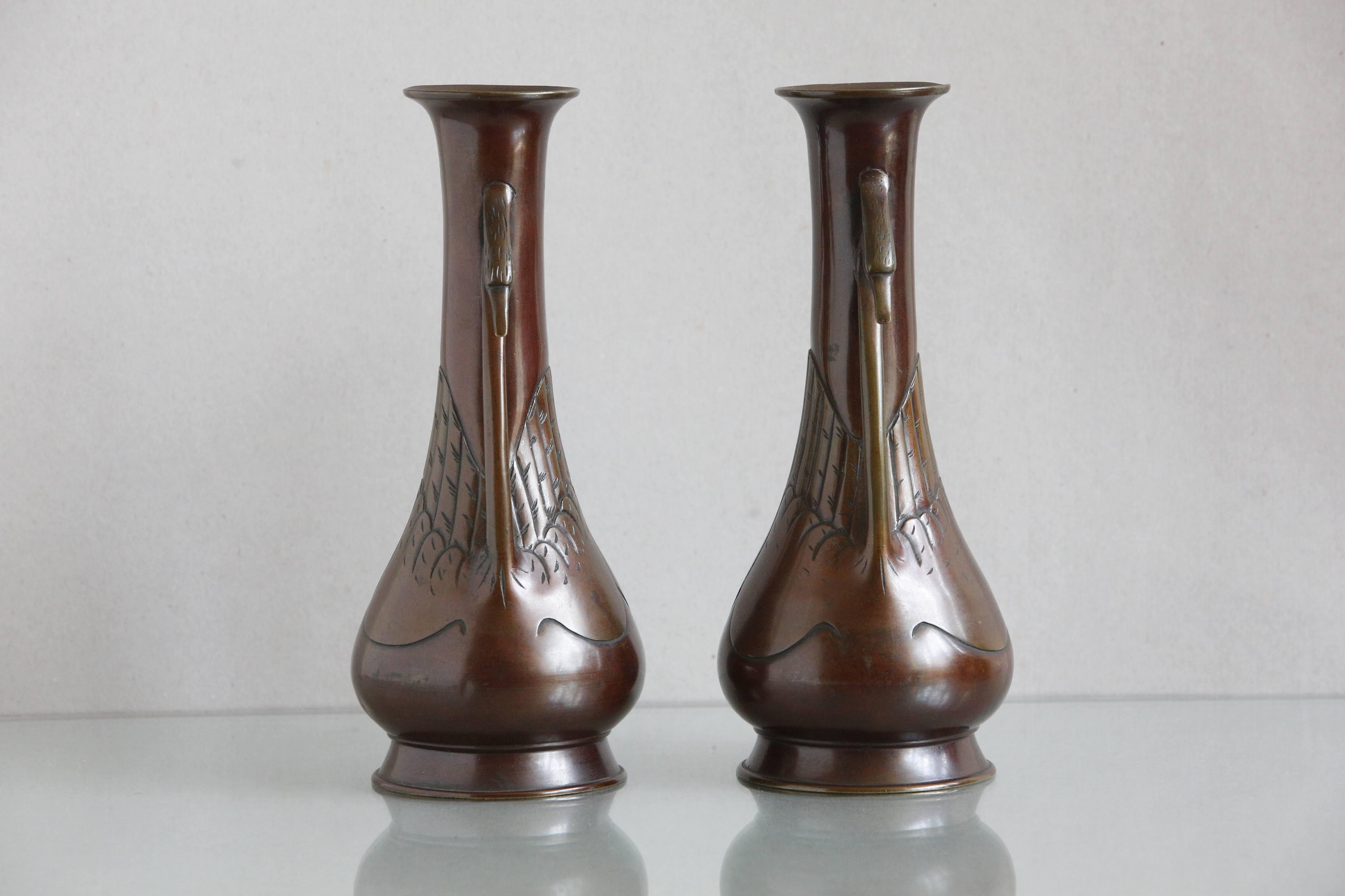 Meiji Pair Japanese Bronze Vases Egret Handle Decoration, c1890 For Sale