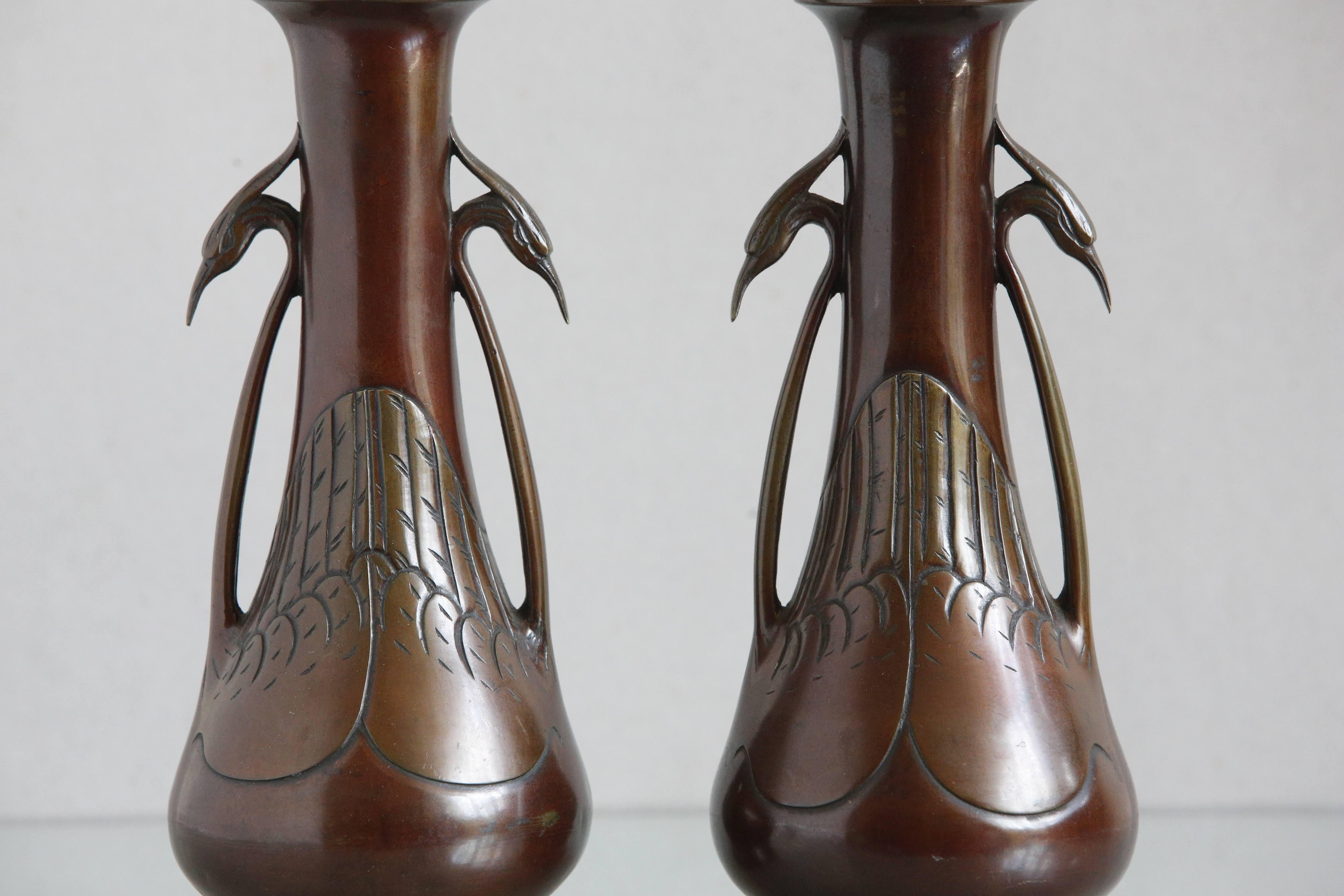 Cast Pair 19th C Japanese Bronze Vases with Egret Handle Decoration, c1890 For Sale