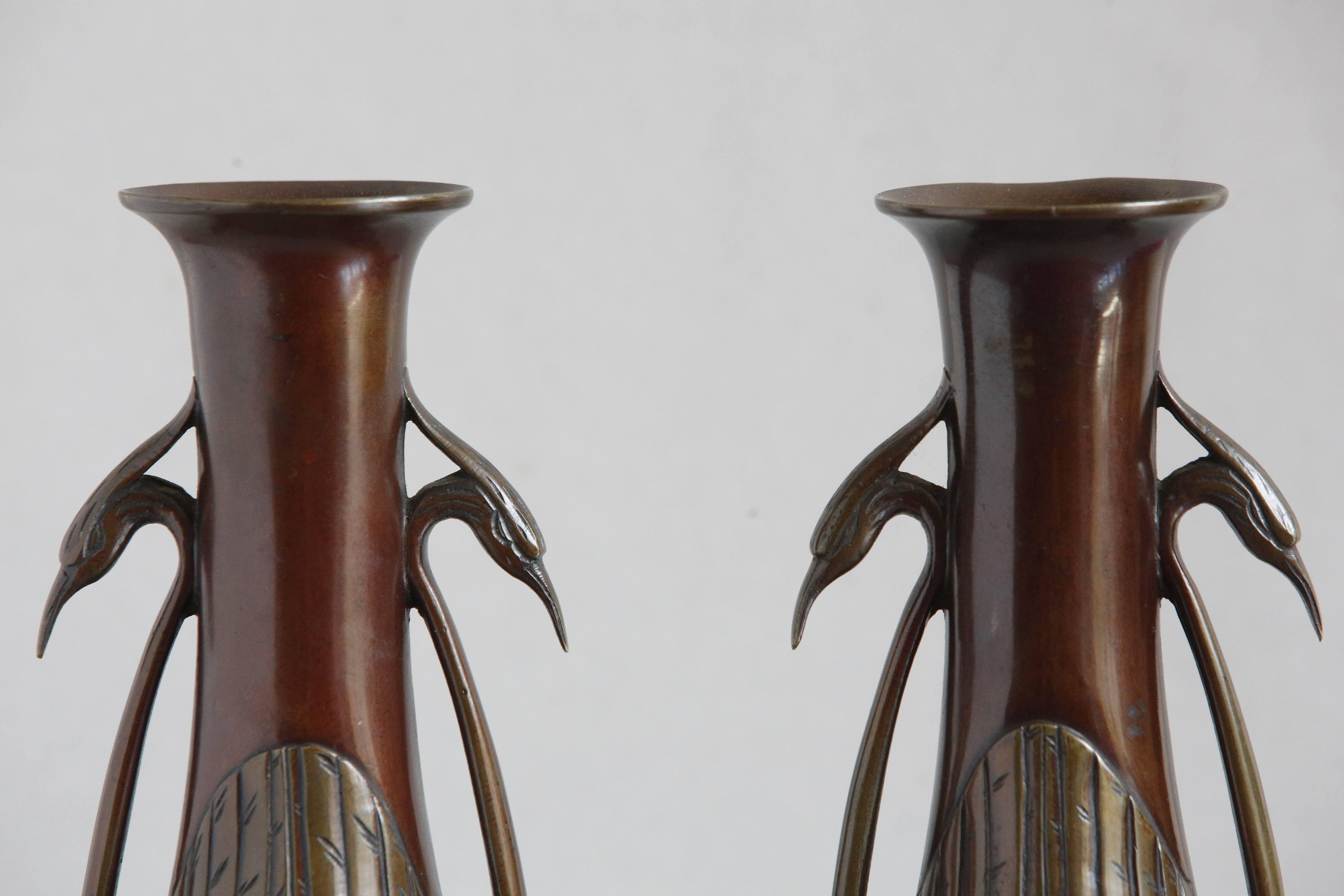 Pair 19th C Japanese Bronze Vases with Egret Handle Decoration, c1890 In Good Condition For Sale In Cheltenham, GB
