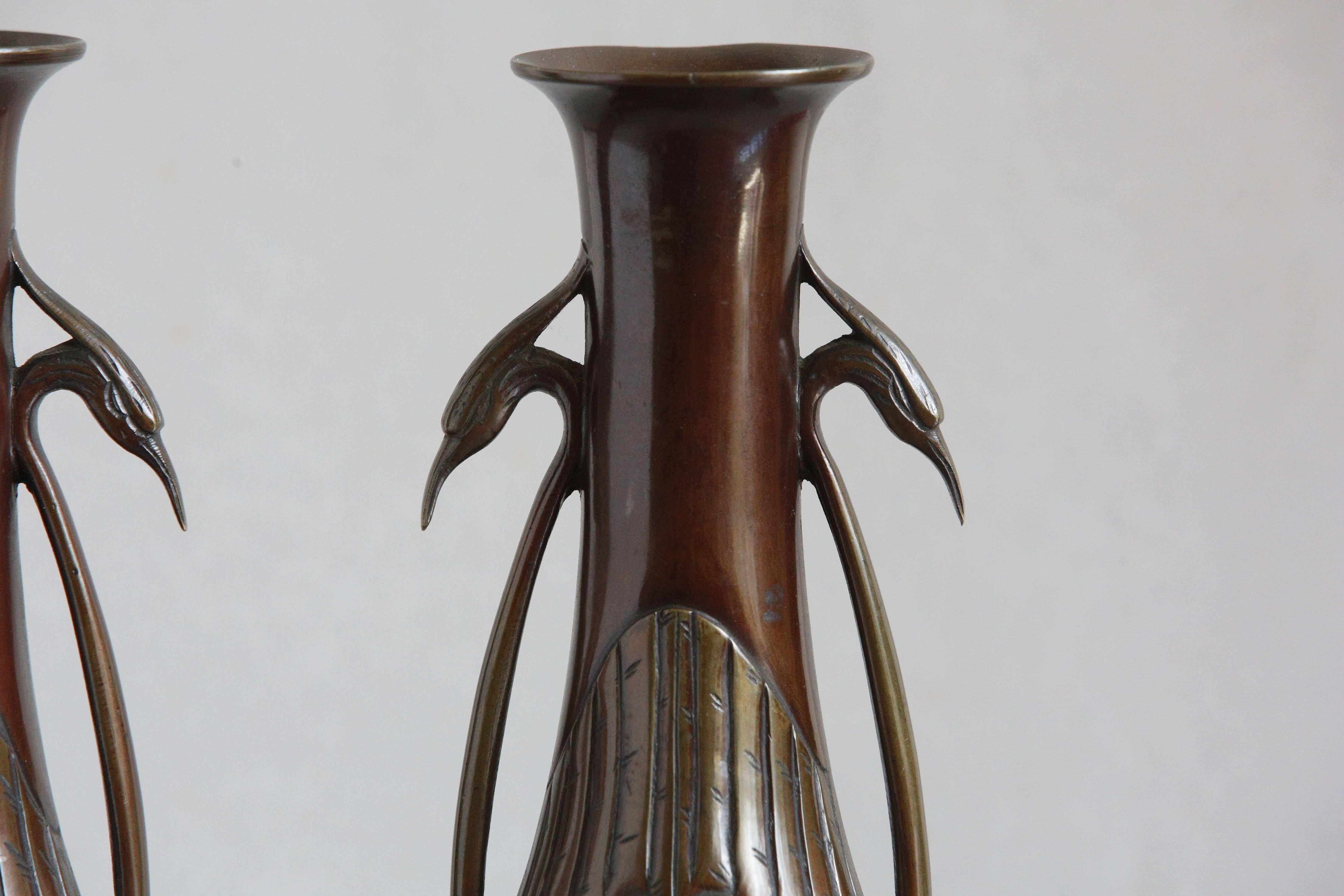 19th Century Pair 19th C Japanese Bronze Vases with Egret Handle Decoration, c1890 For Sale