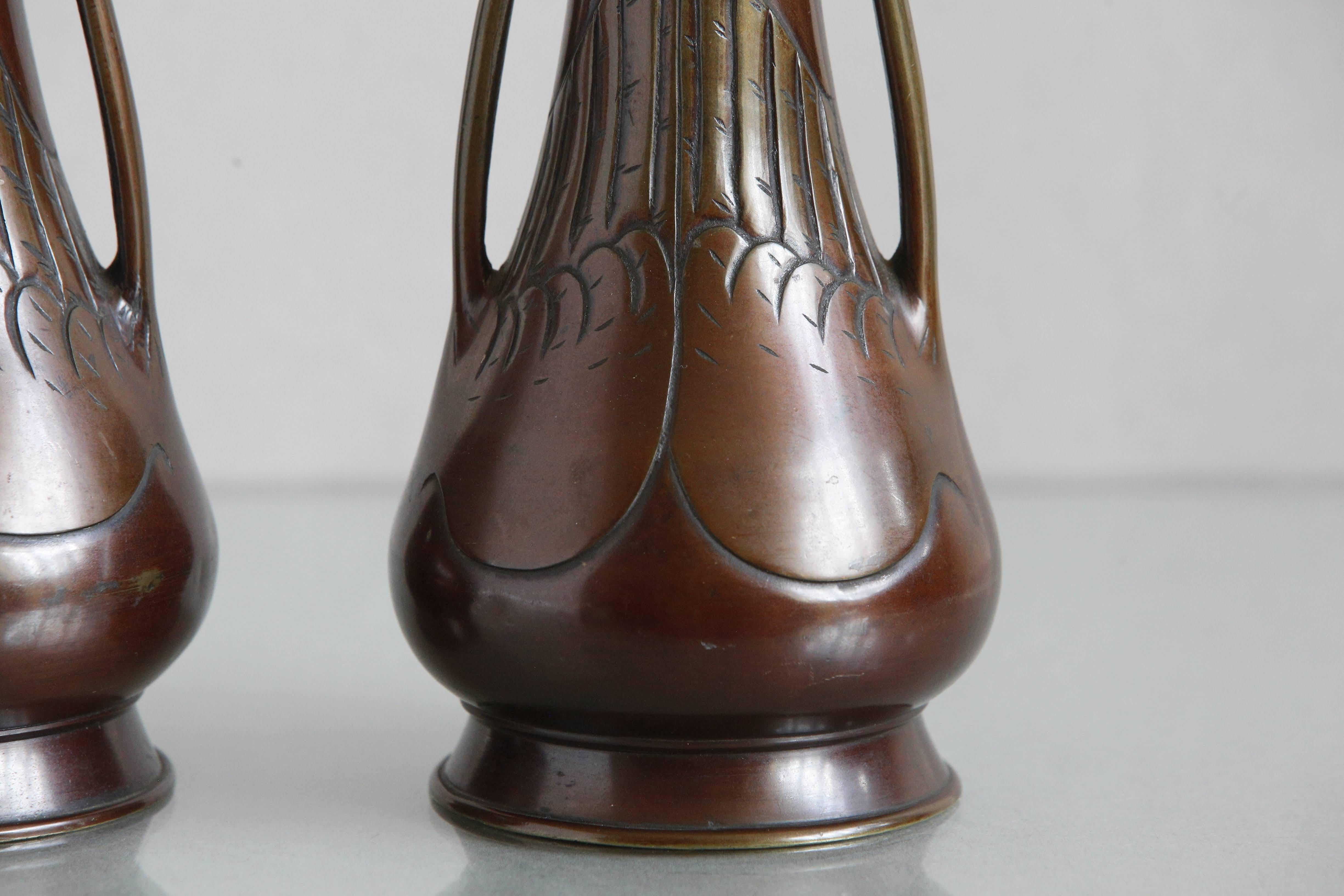 Pair 19th C Japanese Bronze Vases with Egret Handle Decoration, c1890 For Sale 1