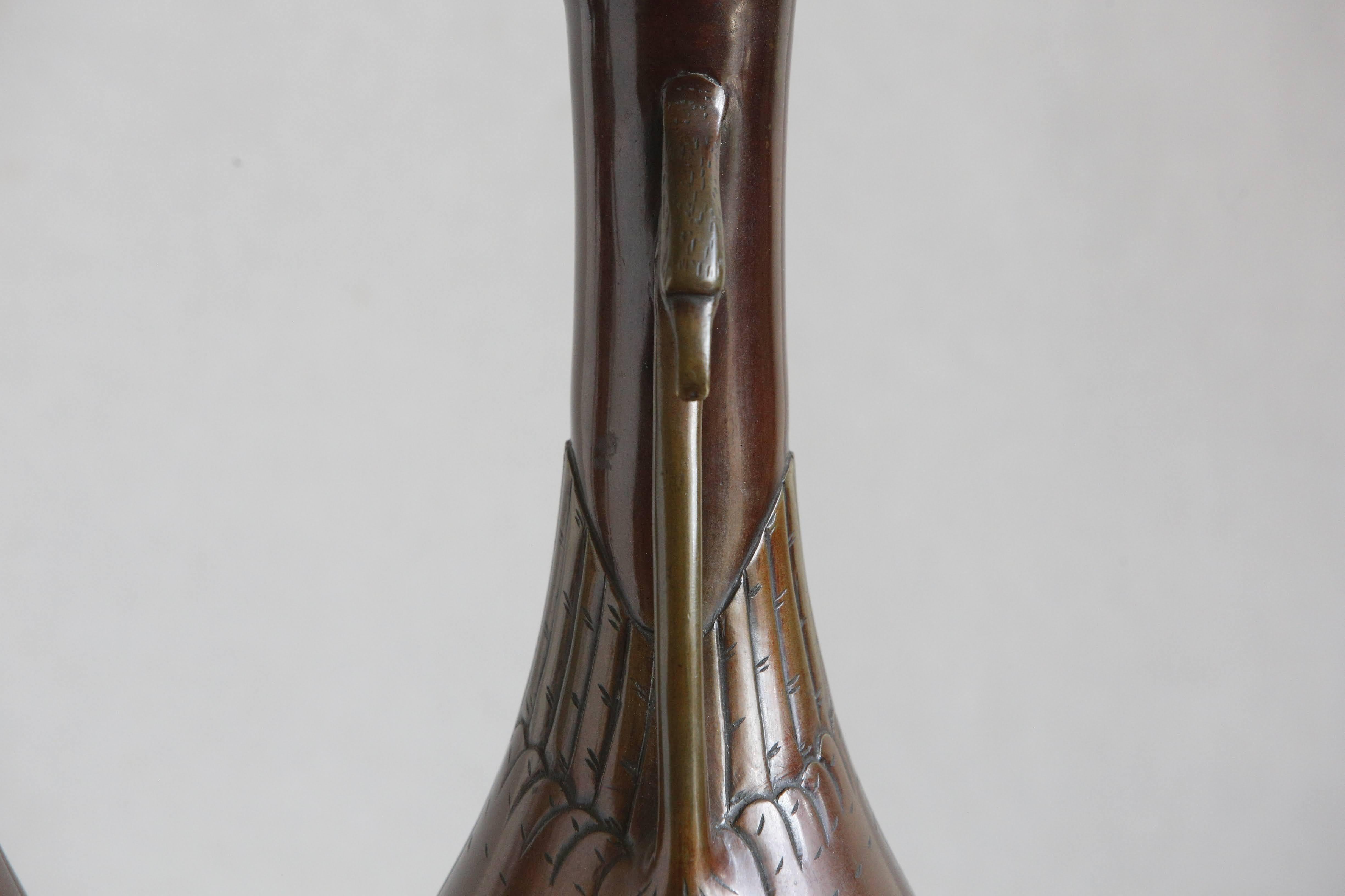 Pair 19th C Japanese Bronze Vases with Egret Handle Decoration, c1890 For Sale 3