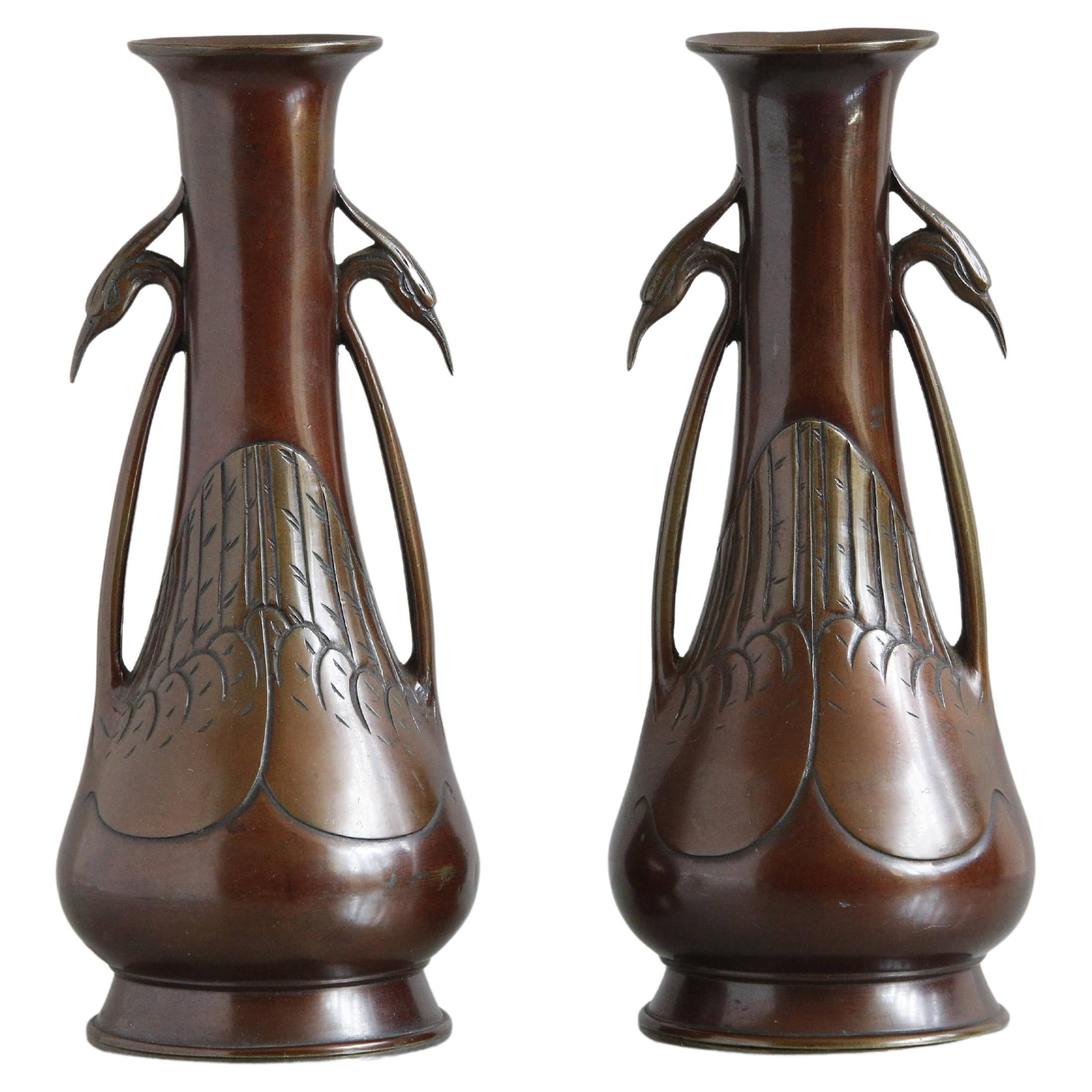 Pair 19th C Japanese Bronze Vases with Egret Handle Decoration, c1890 For Sale