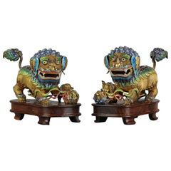 Pair of 19th-20th Century Chinese Silver Enamelled Foo Lions Marked on