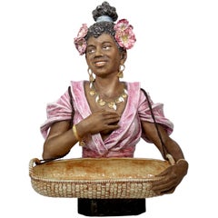 Pair 19th-20th Century Majolica Busts of "the Banjo Player and the Flower Lady"