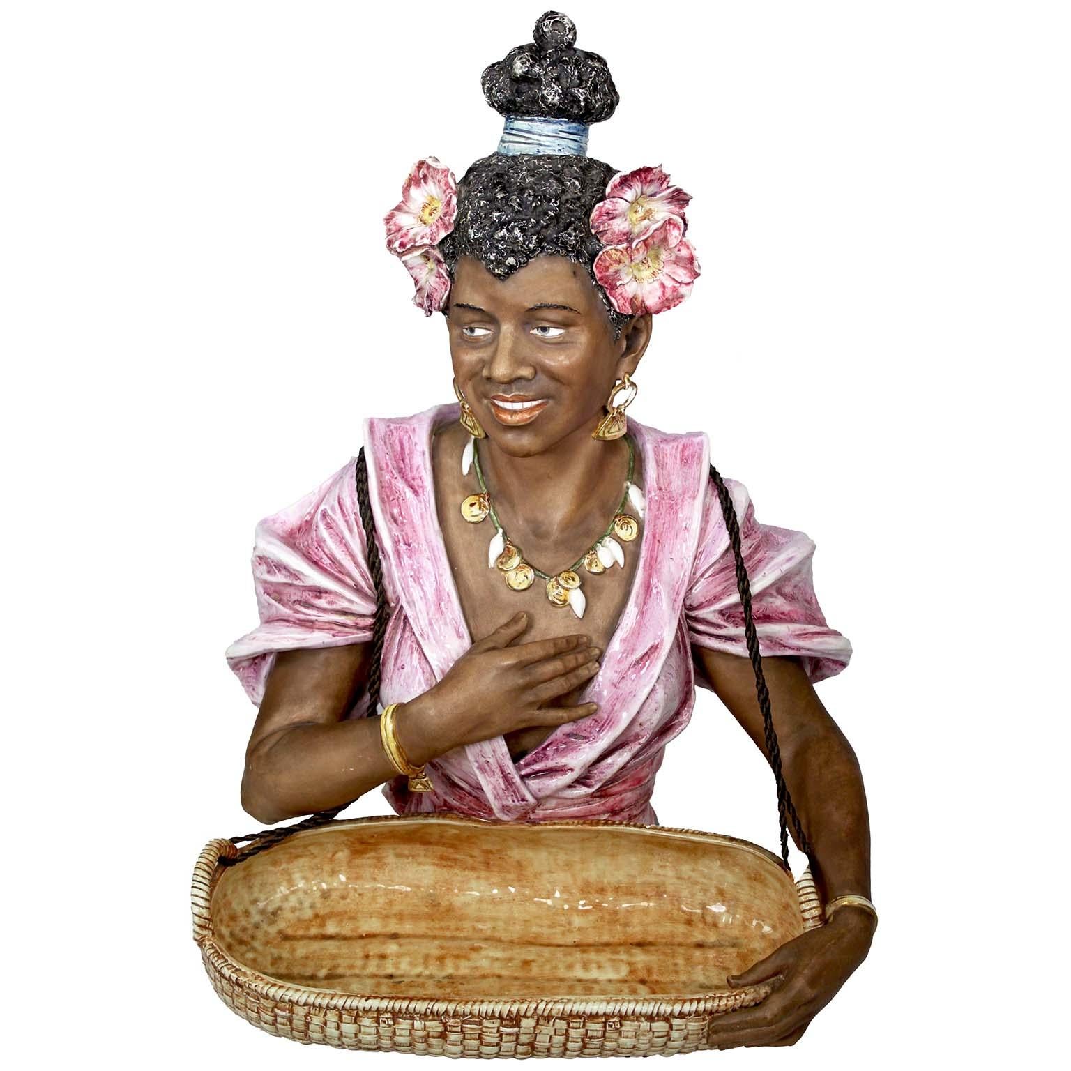 Vernissé Paire de bustes en majolique du XIX-XXe siècle ' the Banjo Player and the Flower Lady ' en vente