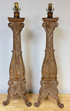 Pair 19th C. Adam Style Carved Pine & Gilt Pricket Candlesticks, Now Electrified