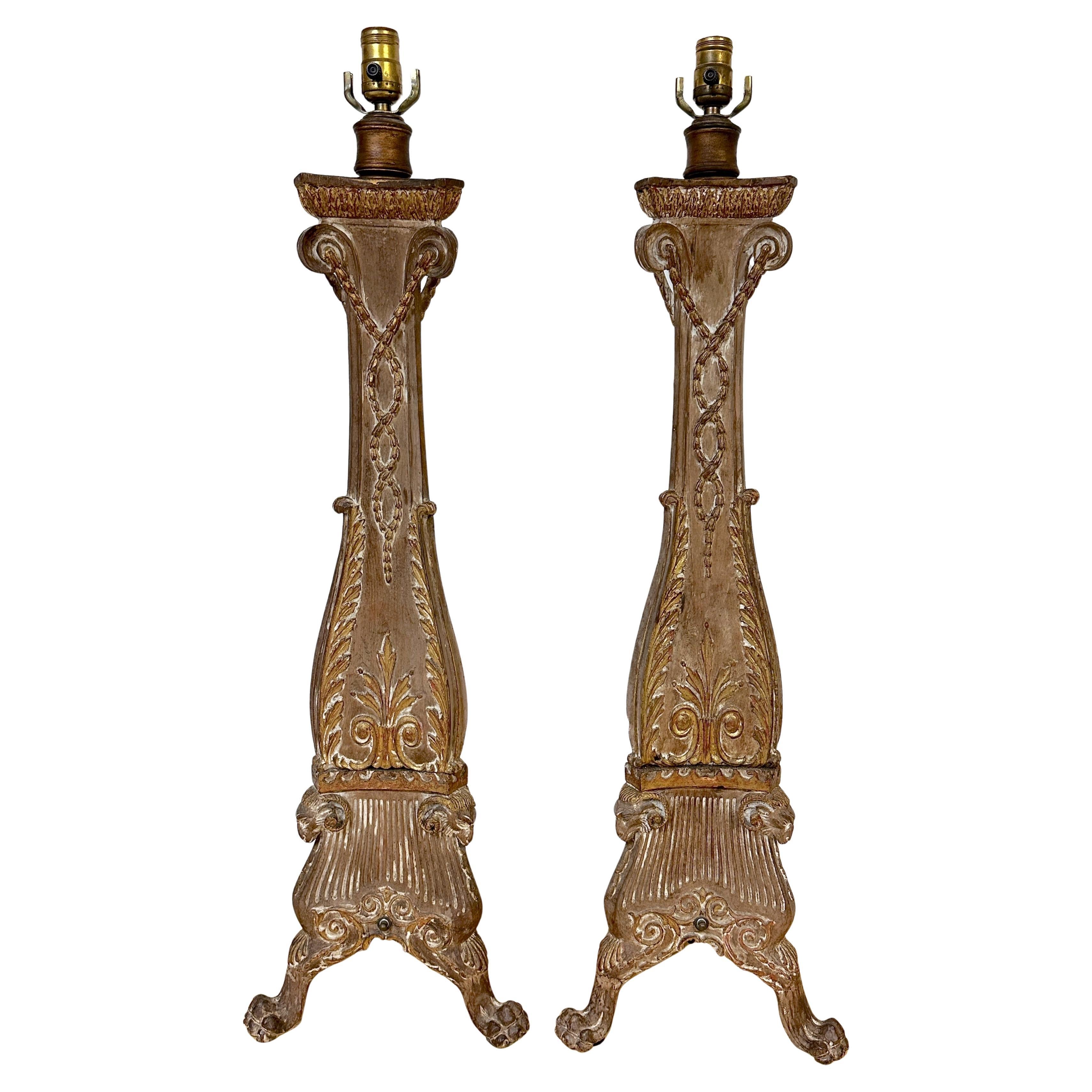 Pair 19th C. Adam Style Carved Pine & Gilt Pricket Candlesticks, Now Electrified