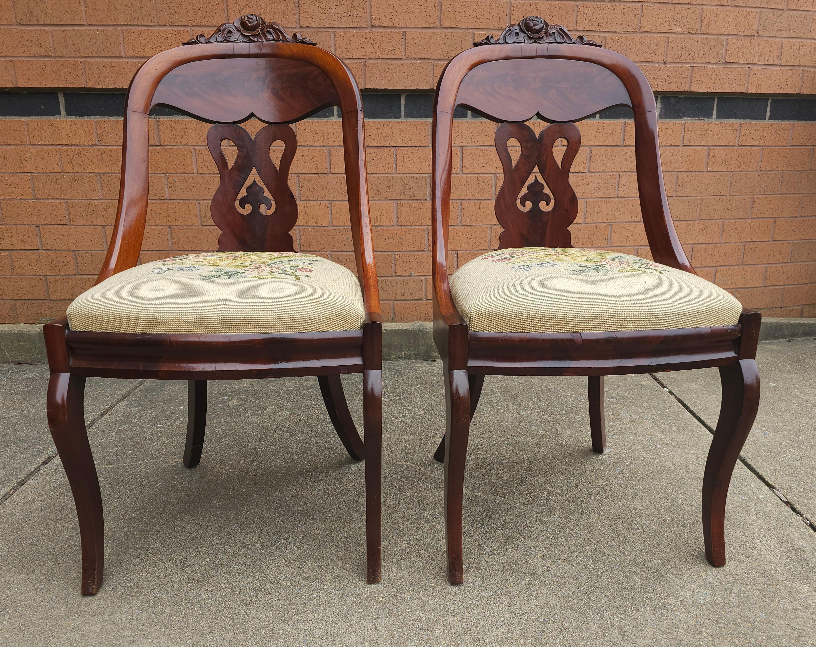 Pair 19th C. American Empire Carved Magogany and Upholstered Chairs In Good Condition For Sale In Germantown, MD