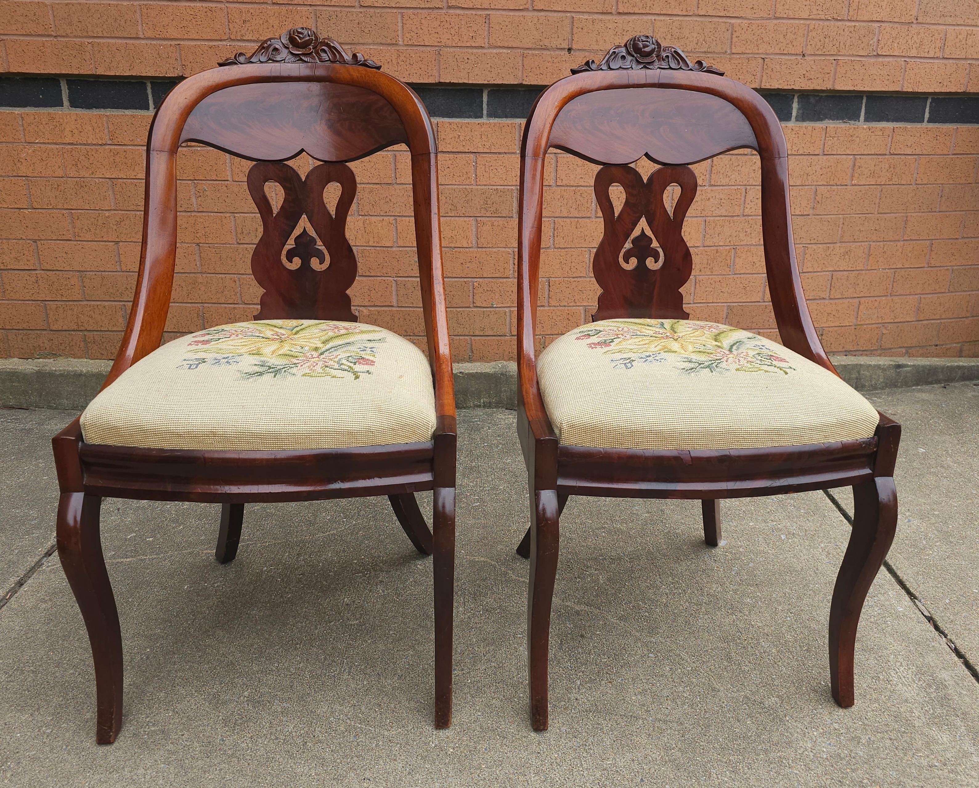 19th Century Pair 19th C. American Empire Carved Magogany and Upholstered Chairs For Sale