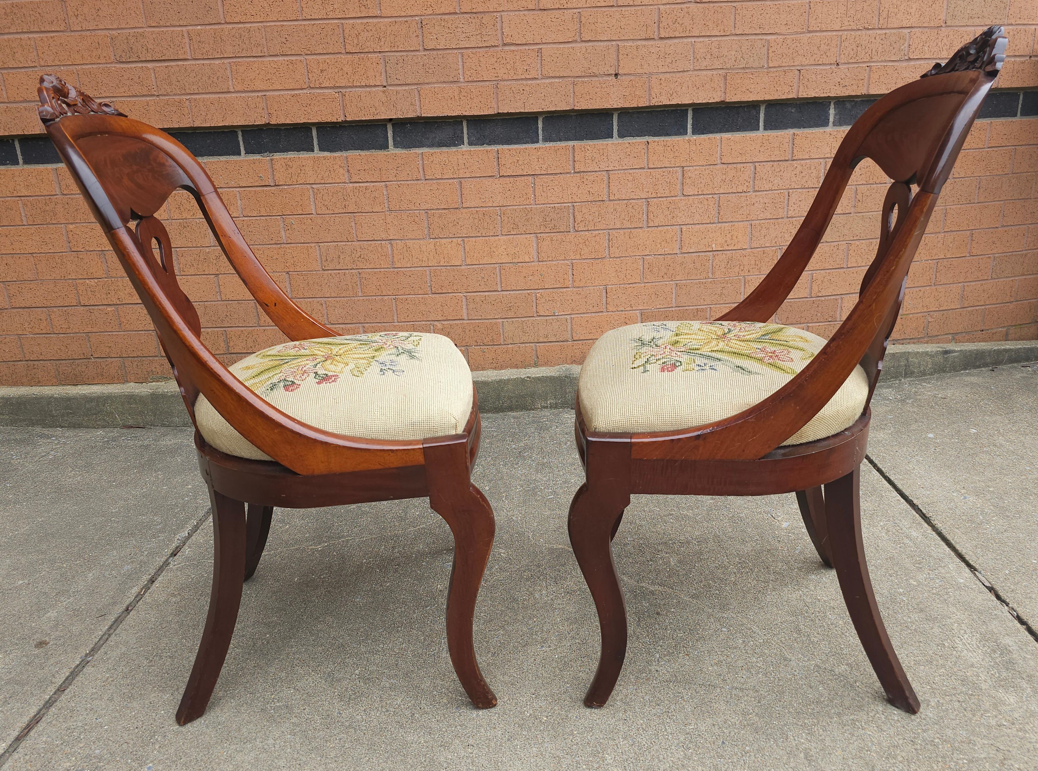 Upholstery Pair 19th C. American Empire Carved Magogany and Upholstered Chairs For Sale