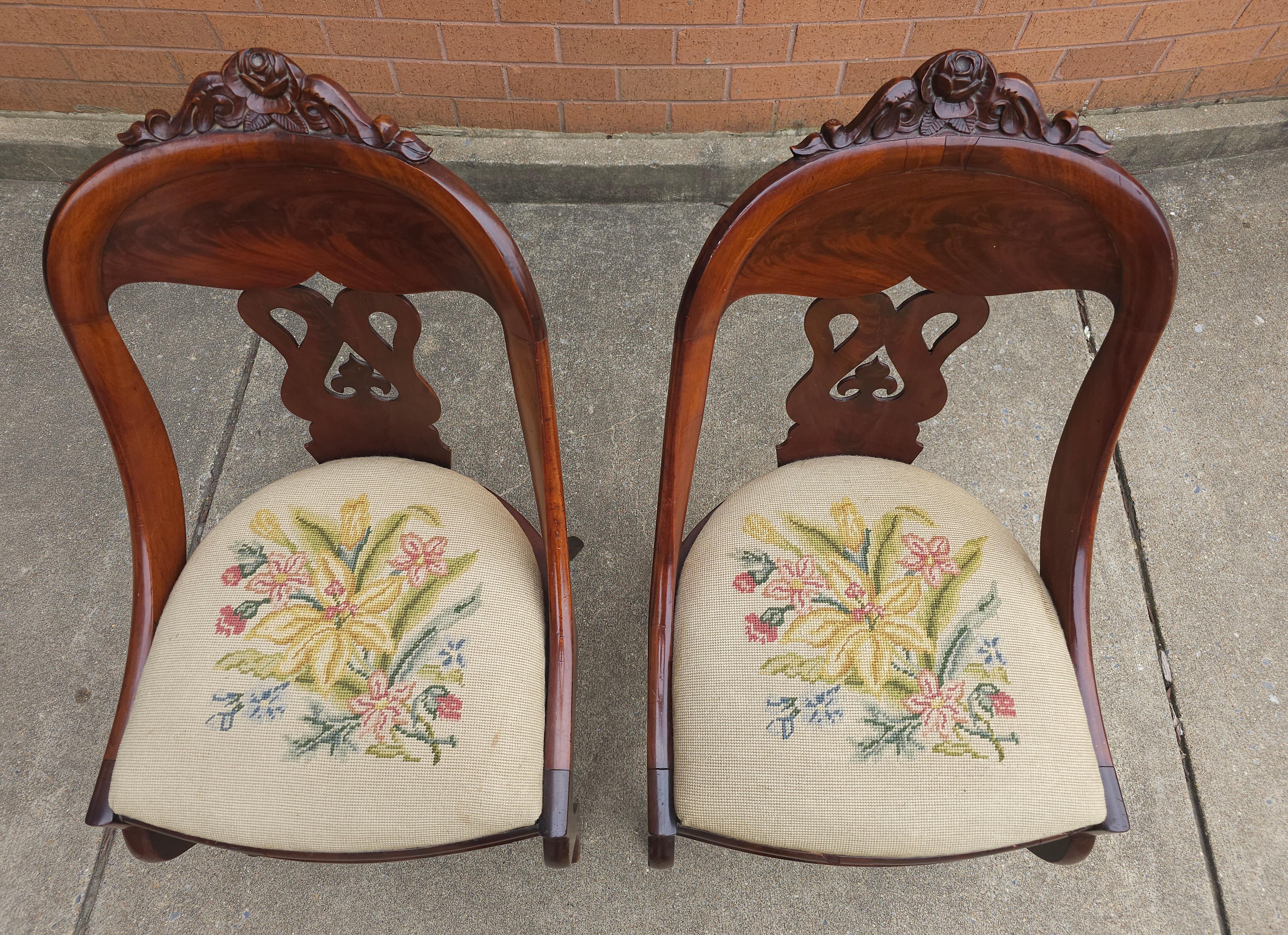 Pair 19th C. American Empire Carved Magogany and Upholstered Chairs For Sale 1