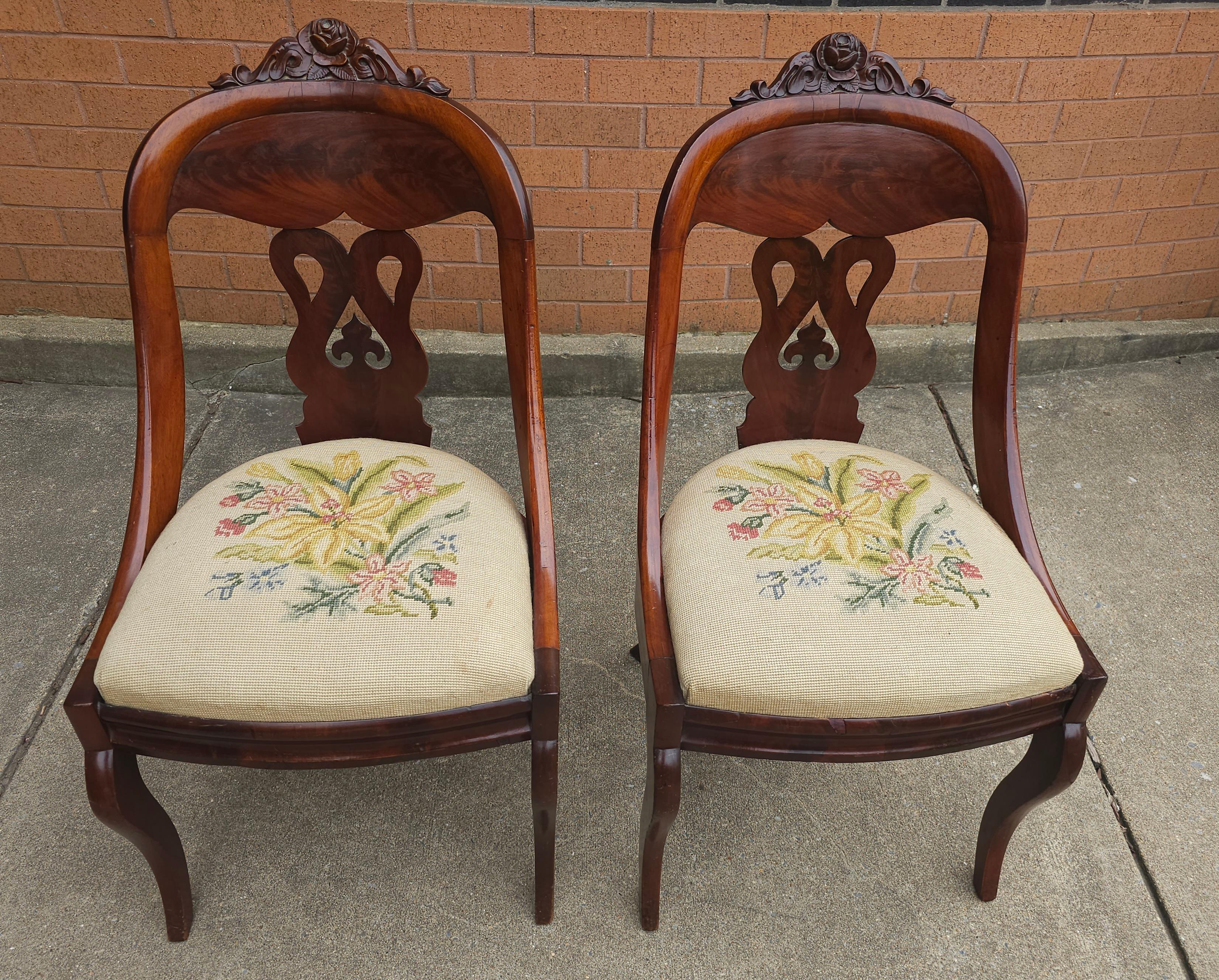 Pair 19th C. American Empire Carved Magogany and Upholstered Chairs For Sale 2